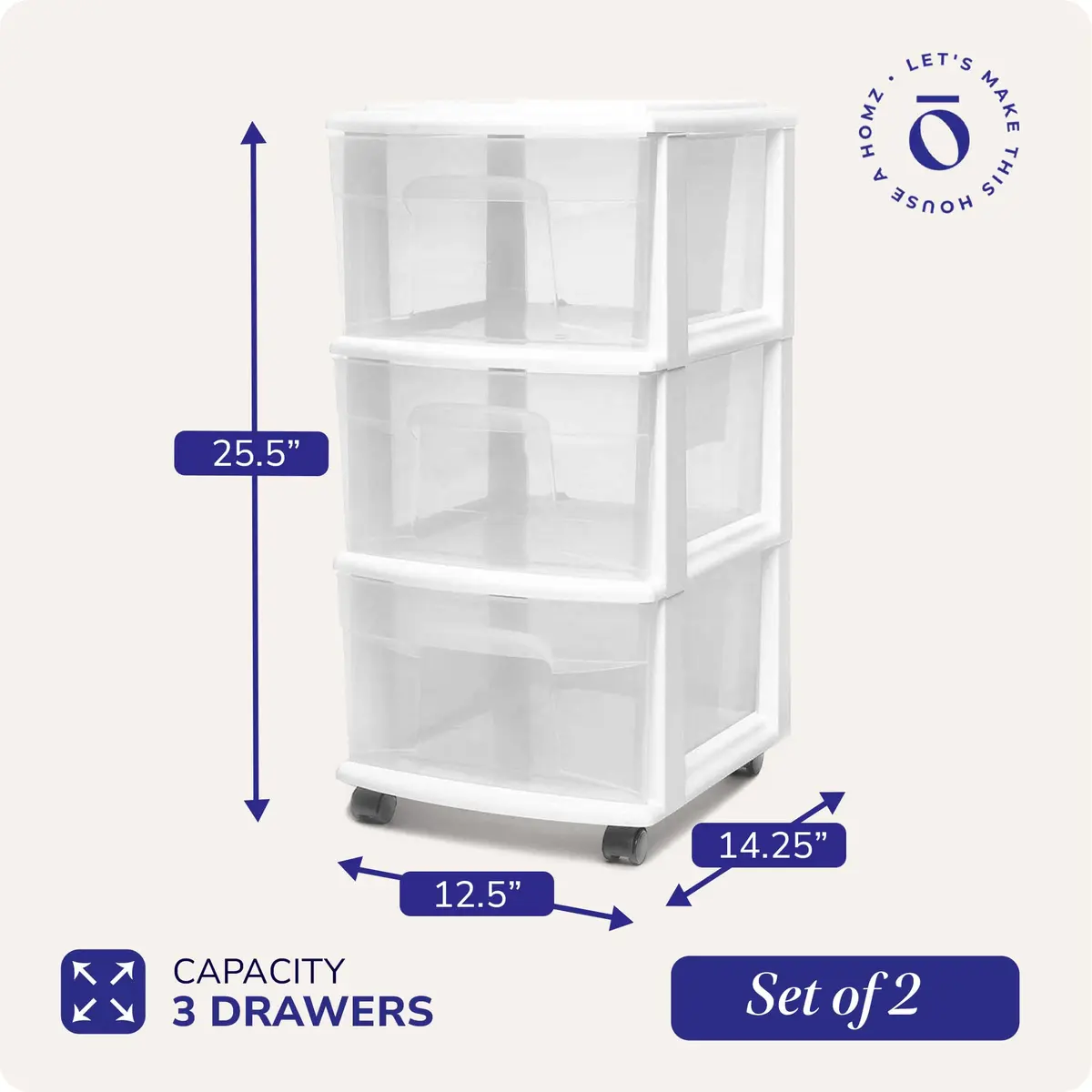 HOMZ Drawer Tower 3-Tier Storage Cart 2 Pack | Heavy-Duty Plastic, Removable Wheels, White Frame - view 4