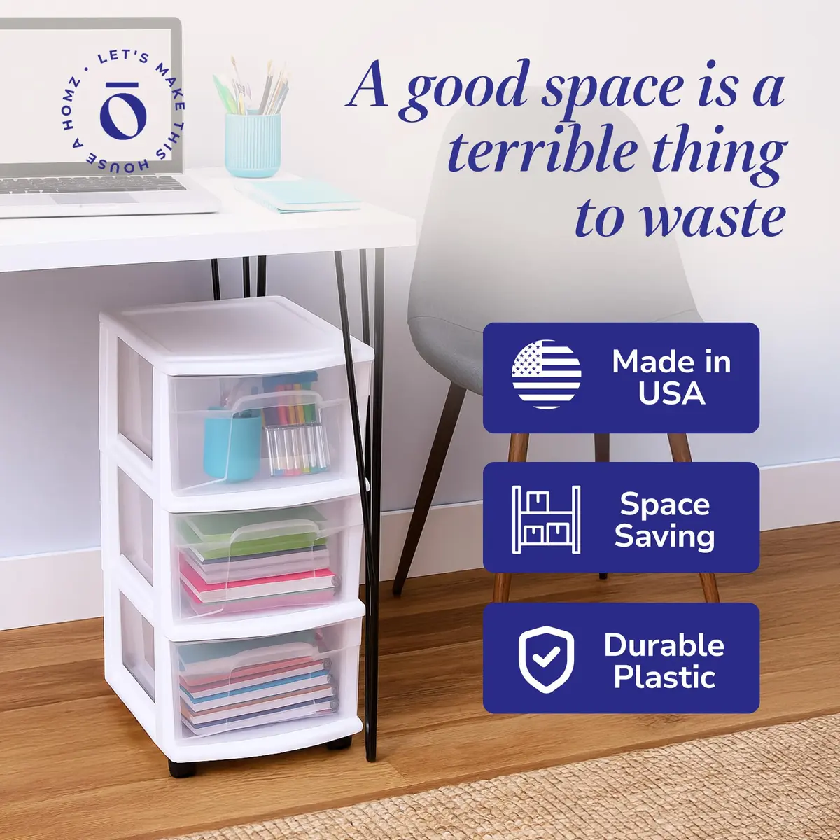 HOMZ Drawer Tower 3-Tier Storage Cart 2 Pack | Heavy-Duty Plastic, Removable Wheels, White Frame - view 5