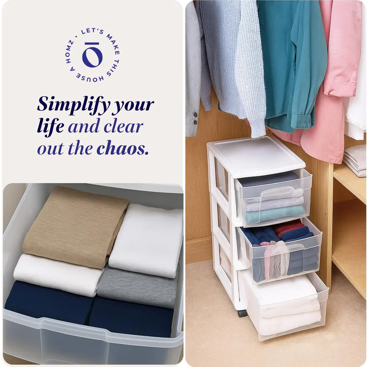 HOMZ Drawer Tower 3-Tier Storage Cart 2 Pack | Heavy-Duty Plastic, Removable Wheels, White Frame - view 6
