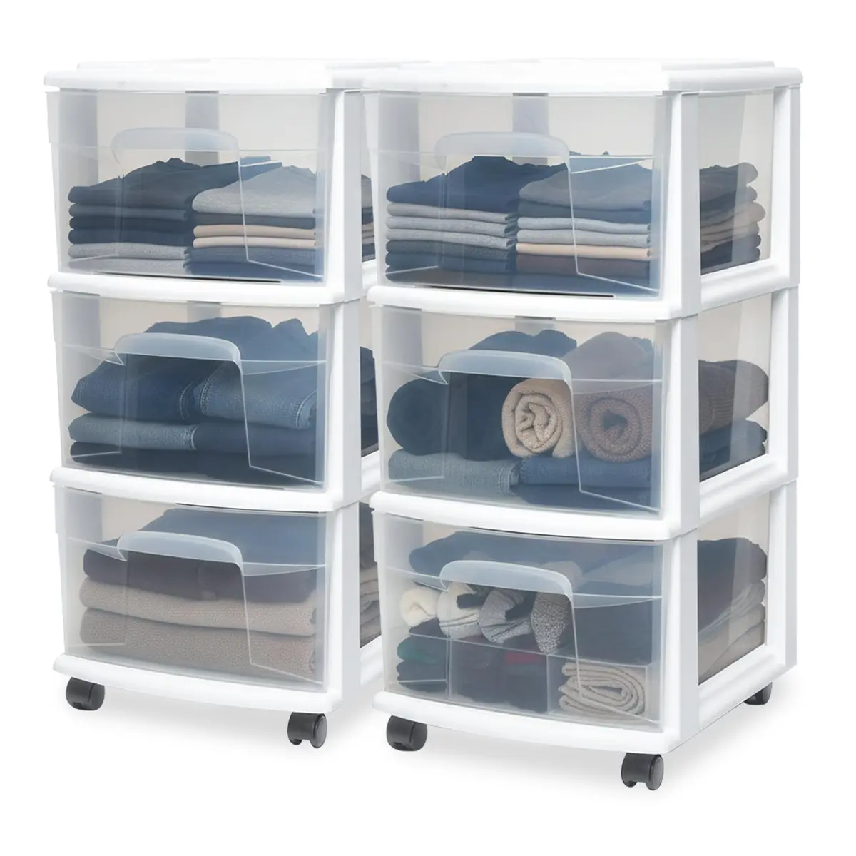 HOMZ Drawer Tower 3-Tier Storage Cart 2 Pack | Heavy-Duty Plastic, Removable Wheels, White Frame - main product image