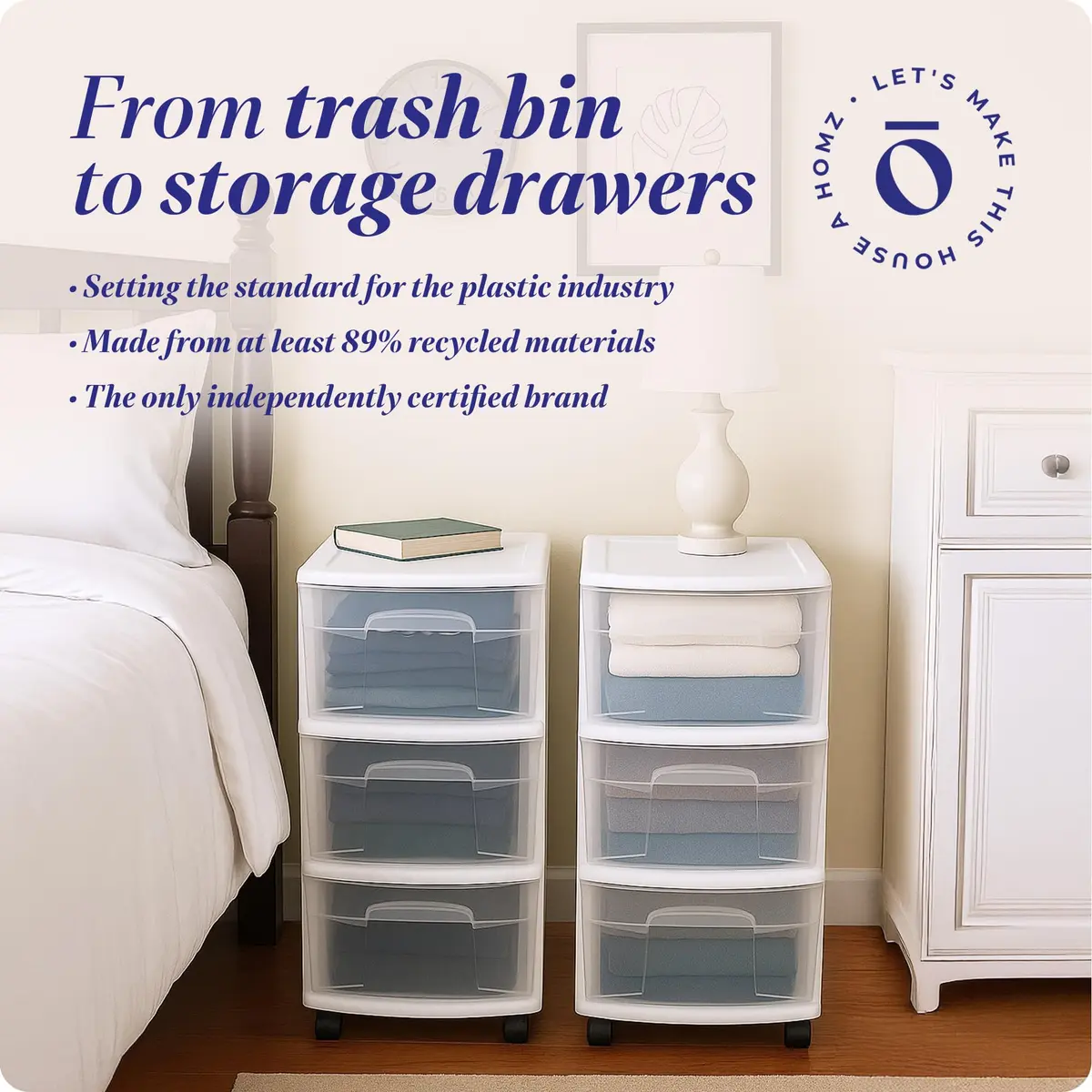 HOMZ Drawer Tower 3-Tier Storage Cart 2 Pack | Heavy-Duty Plastic, Removable Wheels, White Frame - view 7