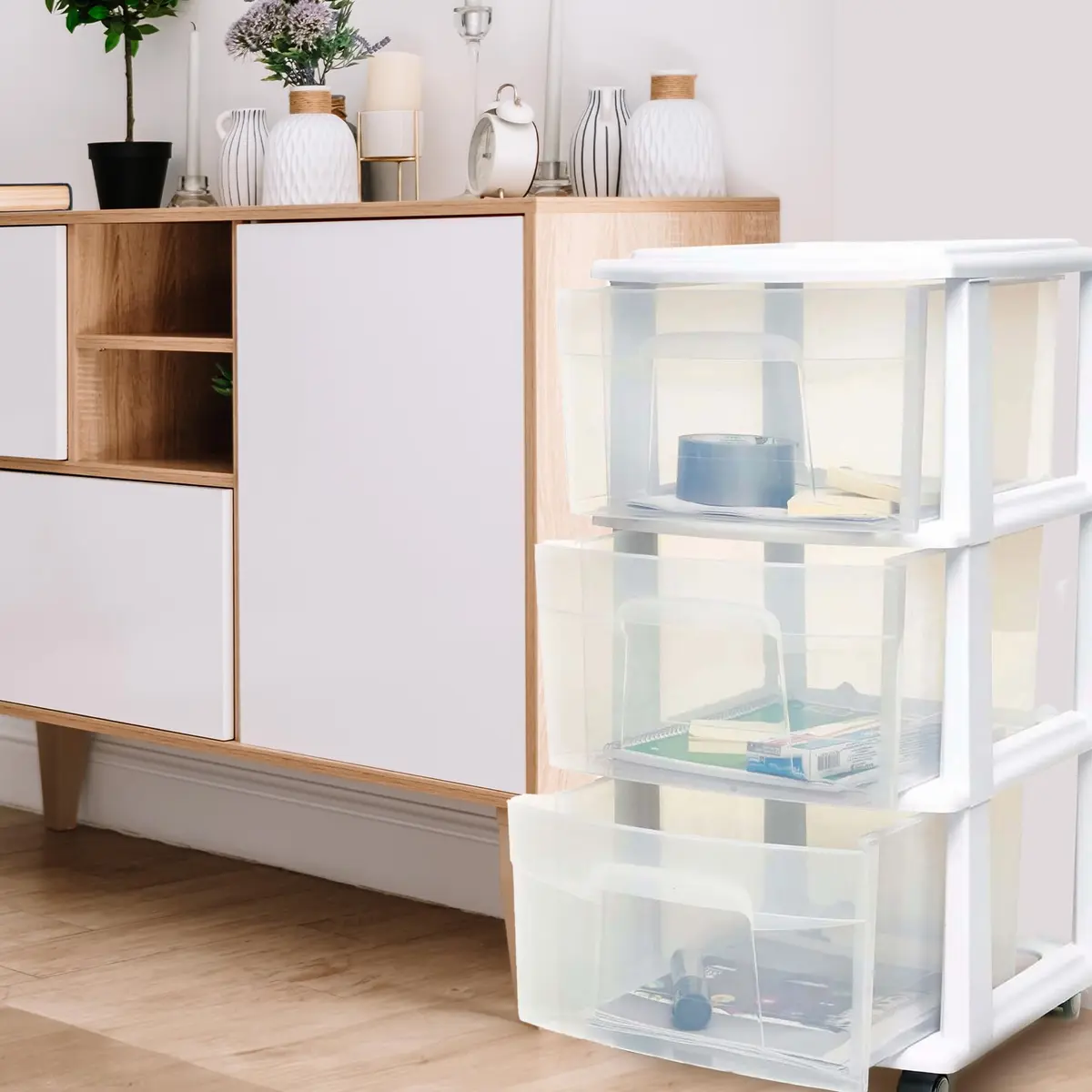 HOMZ Drawer Tower 3-Tier Storage Cart 2 Pack | Heavy-Duty Plastic, Removable Wheels, White Frame - view 8