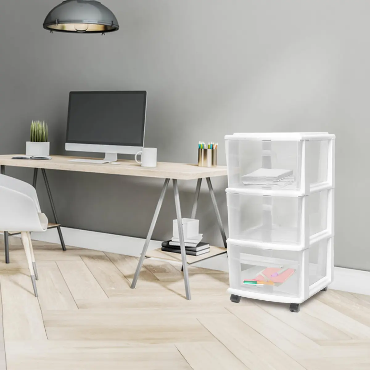 HOMZ Drawer Tower 3-Tier Storage Cart 2 Pack | Heavy-Duty Plastic, Removable Wheels, White Frame - view 9
