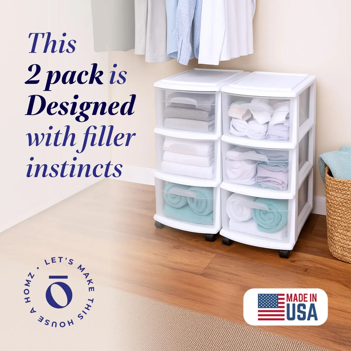 HOMZ Drawer Tower 3-Tier Storage Cart 2 Pack | Heavy-Duty Plastic, Removable Wheels, White Frame - view 2