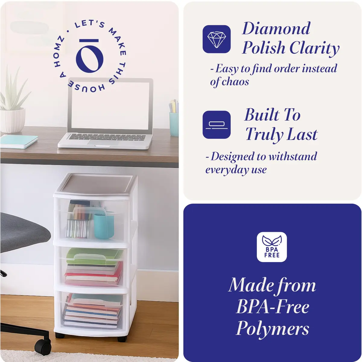 HOMZ Drawer Tower 3-Tier Storage Cart 2 Pack | Heavy-Duty Plastic, Removable Wheels, White Frame - view 3