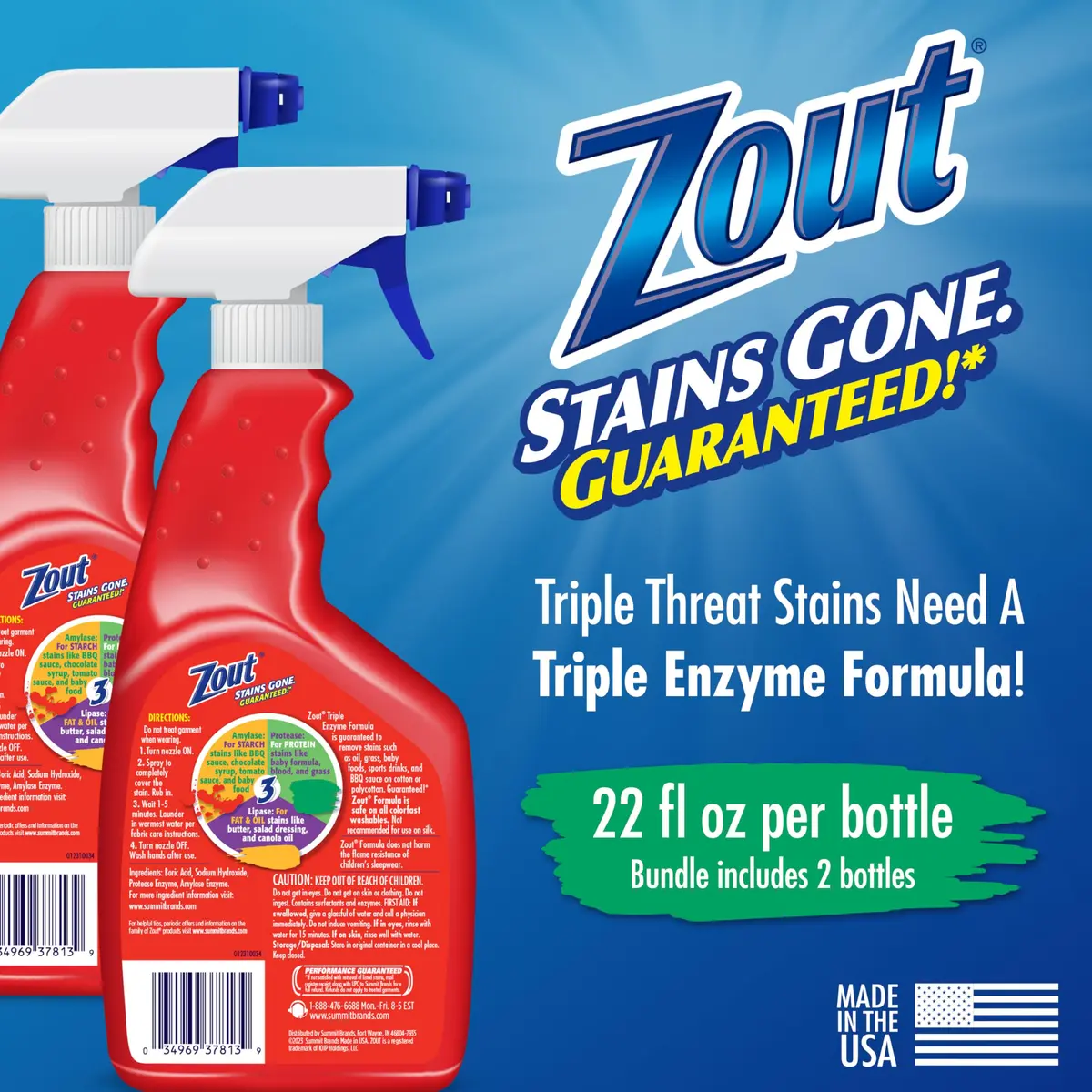 Zout Laundry Stain Remover Spray 22 oz | Effective on Blood, Grass & Oil Stains, Made in USA - view 2