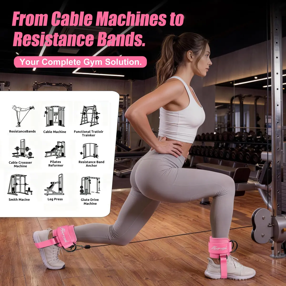 HPYGN Adjustable Ankle Strap for Cable Machine, Gym Ankle Cuffs for Glute Kickbacks & Leg Extensions (Pink, Pair) - view 5