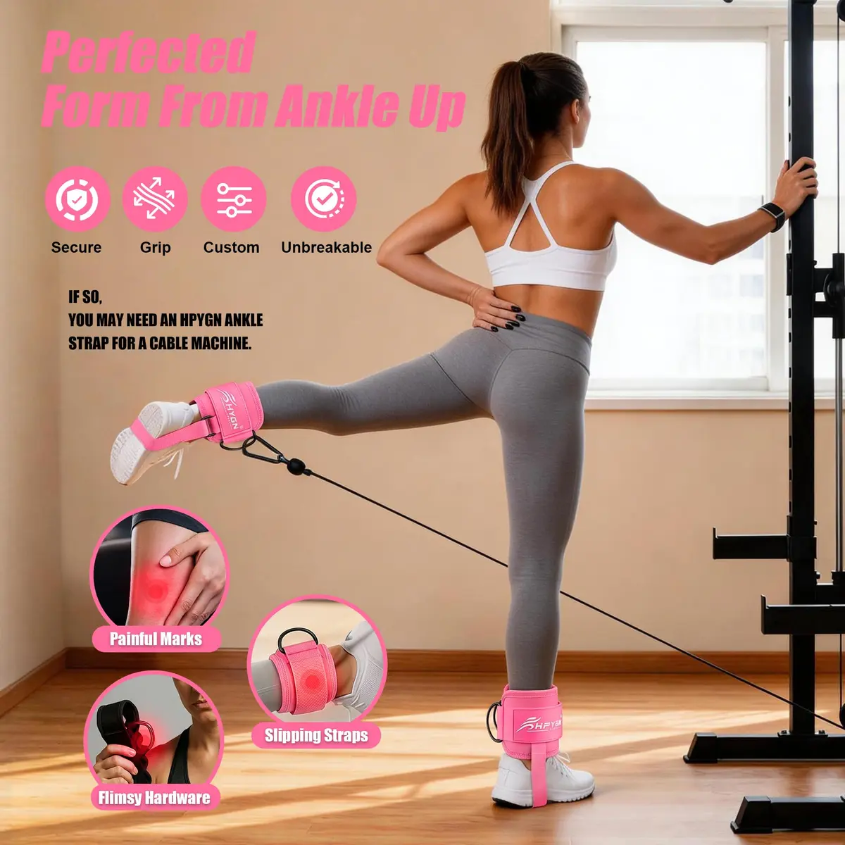 HPYGN Adjustable Ankle Strap for Cable Machine, Gym Ankle Cuffs for Glute Kickbacks & Leg Extensions (Pink, Pair) - view 3