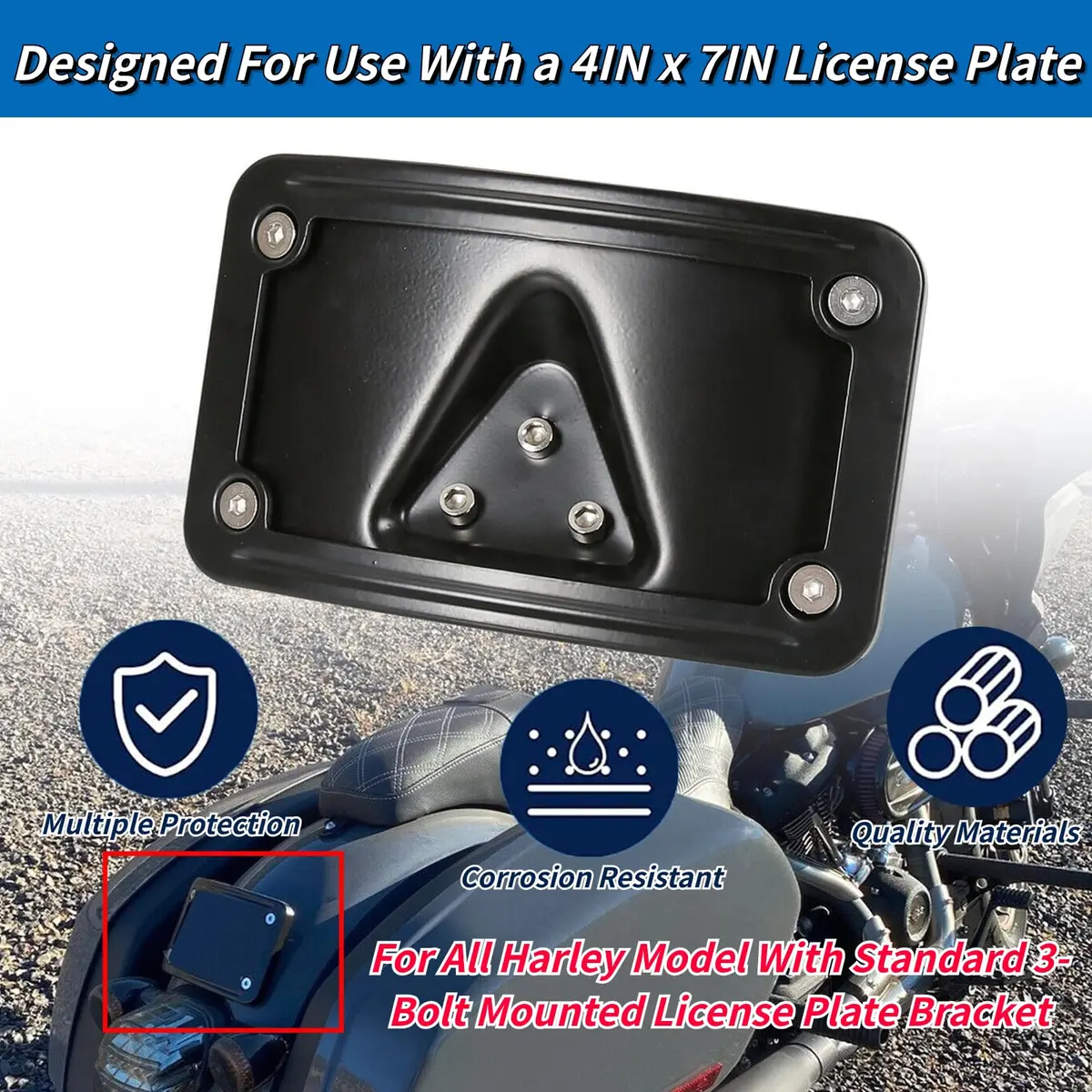 SoCiMa License Plate Attachment with Frame Compatible with Harley Davidson 3 Hole Mount (Black) | Customizable - view 2