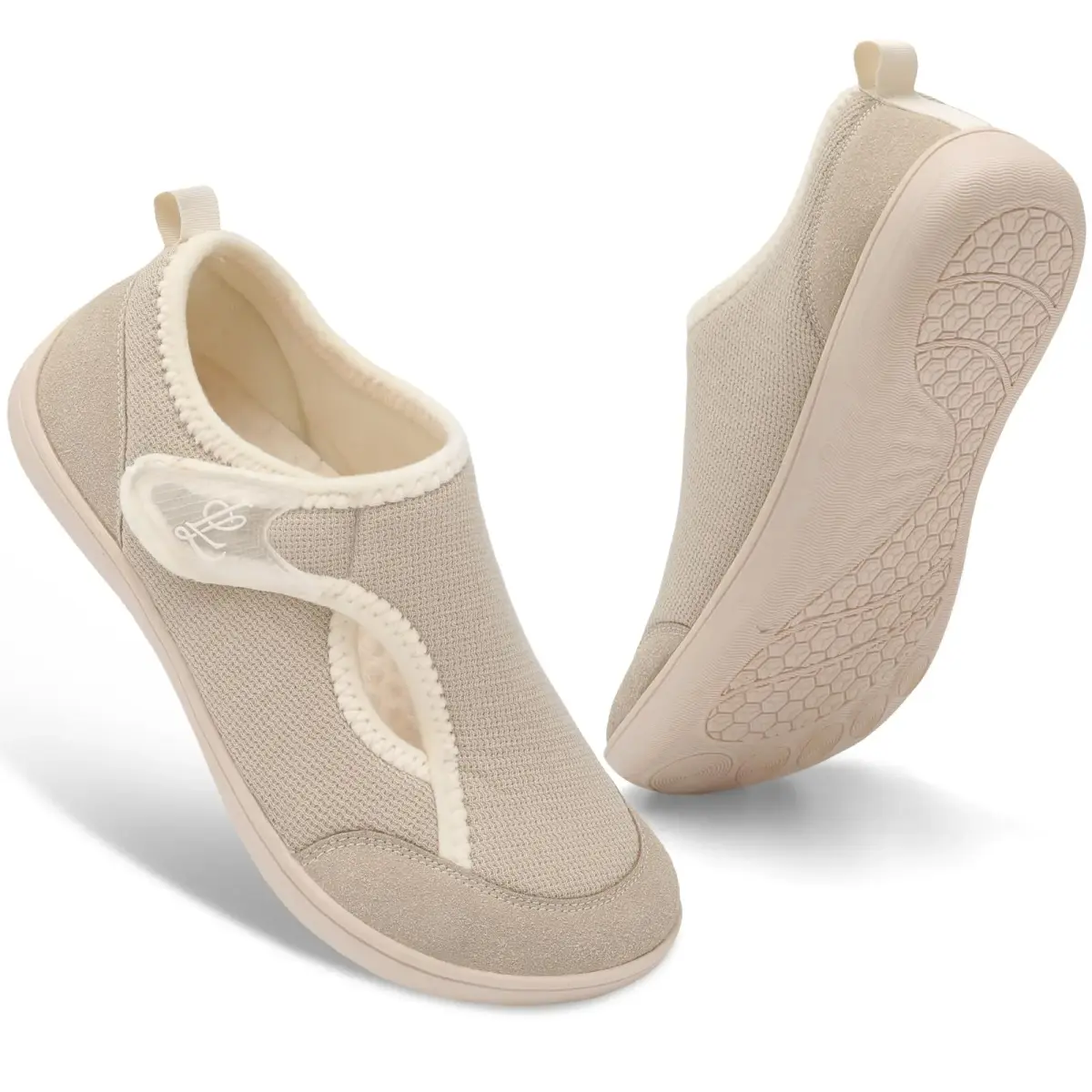 LeIsfIt Women's Adjustable Diabetic Slippers Wide Fit Beige Size 9 (27.89 cm / 10.98 in) | Comfortable Indoor Outdoor House Shoes - view 8