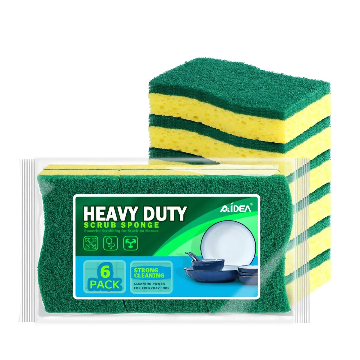 AIDEA Heavy Duty Scrub Sponges 6 Count (156g total) | Natural Cellulose for Dishes & Kitchen Cleaning - main product image