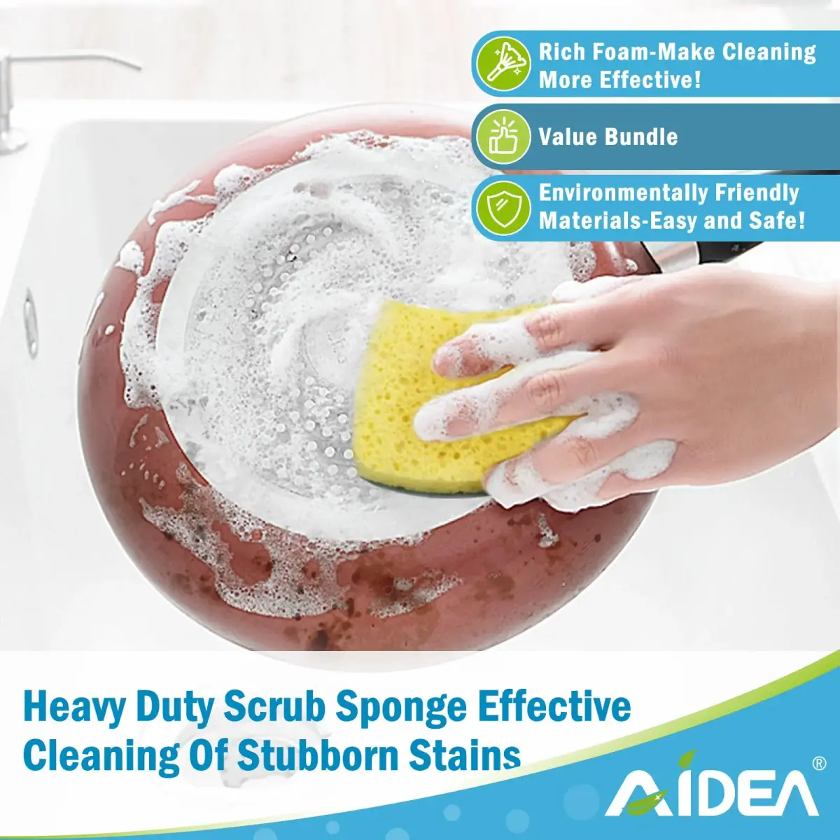 AIDEA Heavy Duty Scrub Sponges 6 Count (156g total) | Natural Cellulose for Dishes & Kitchen Cleaning - view 5