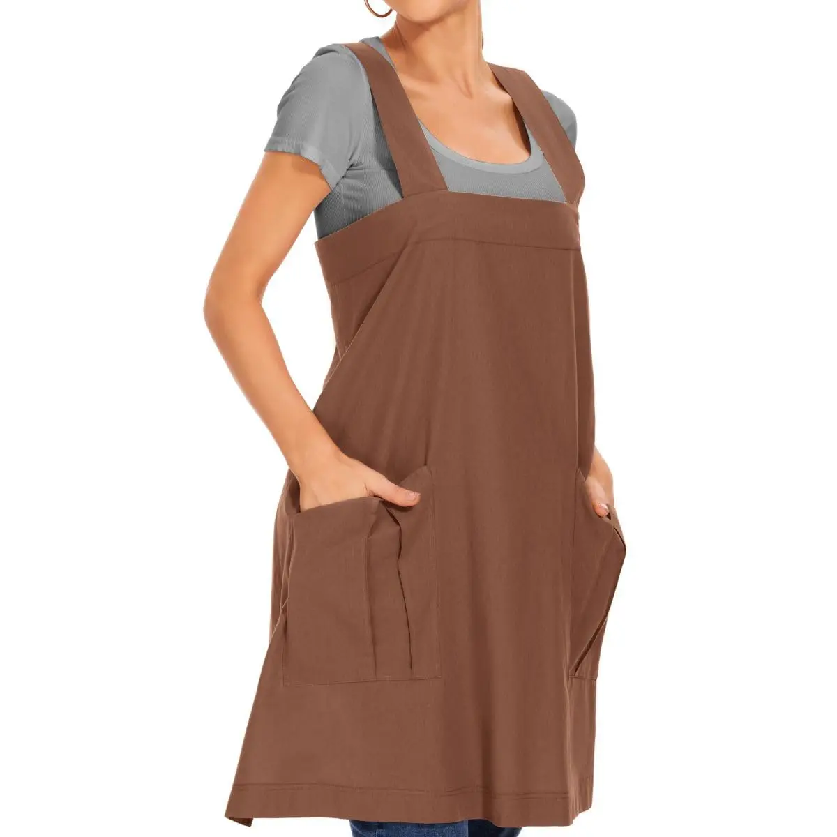 Larmliss Women's Cotton Cross Back Apron Pinafore Dress with Big Pockets | Loose Square Apron for Baking & Gardening - view 3