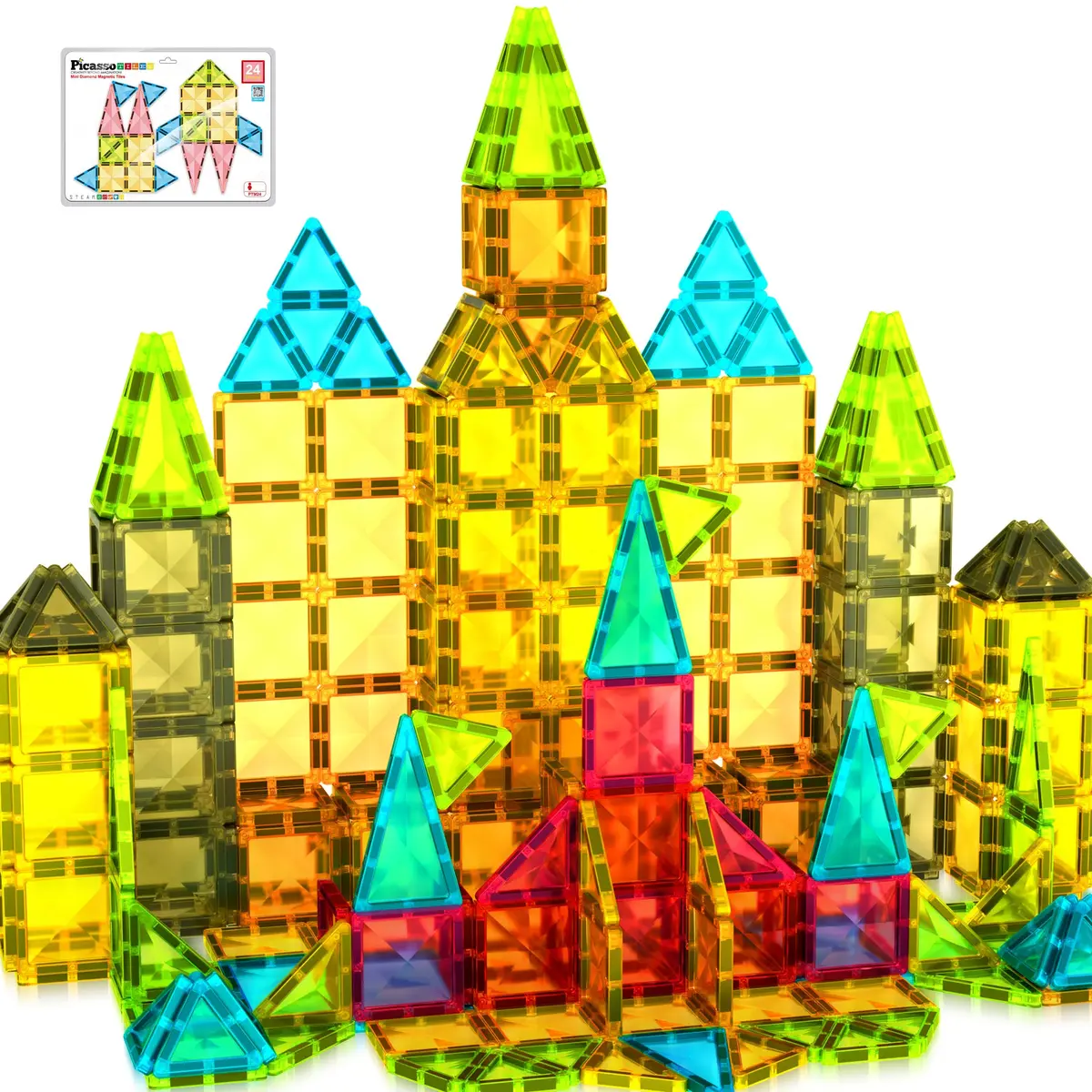 PicassoTiles Magnetic Tile 24pc Mini Diamond Set | Travel Size STEM Educational Toy for Kids 3+ - main product image