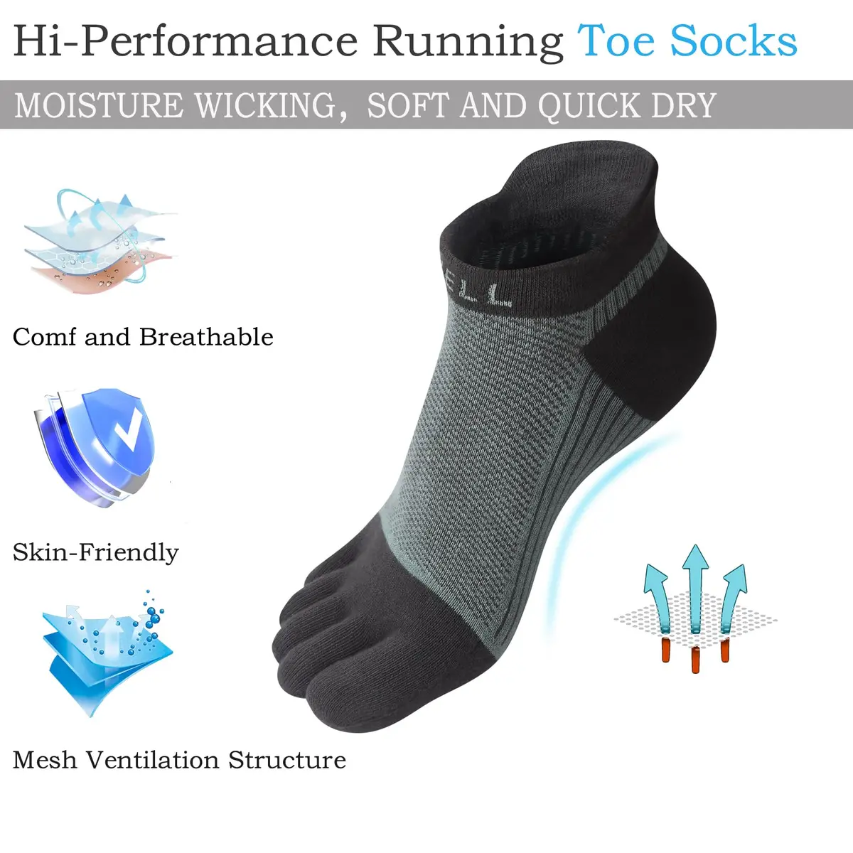 VWELL Cotton Toe Socks Five Finger Socks No Show Crew Athletic Running Socks 4 Pairs,Size 7-11 | Moisture Wicking & Breathable - view 3