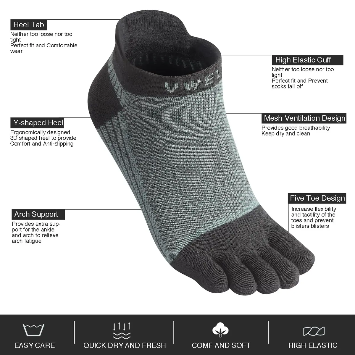 VWELL Cotton Toe Socks Five Finger Socks No Show Crew Athletic Running Socks 4 Pairs,Size 7-11 | Moisture Wicking & Breathable - view 4