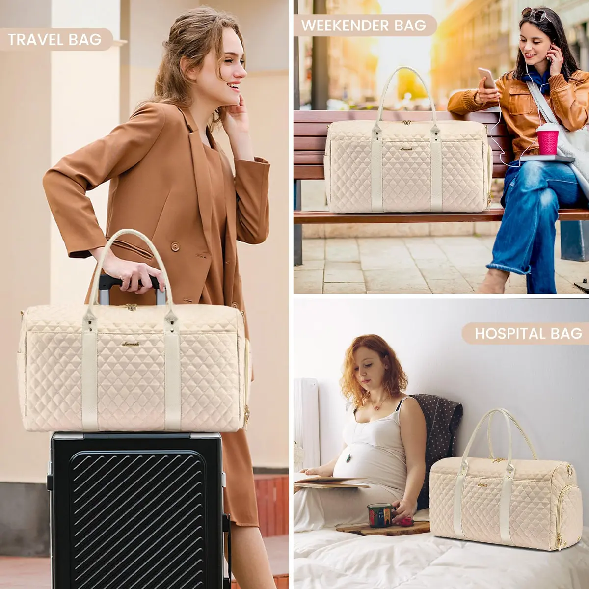 LOVEVOOK Travel Duffle Bag Pink Beige | Carry-On Weekender with Shoe Compartment & Toiletry Bag - view 6
