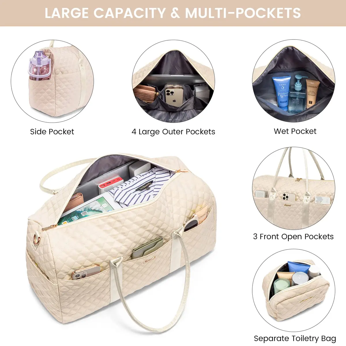 LOVEVOOK Travel Duffle Bag Pink Beige | Carry-On Weekender with Shoe Compartment & Toiletry Bag - view 2