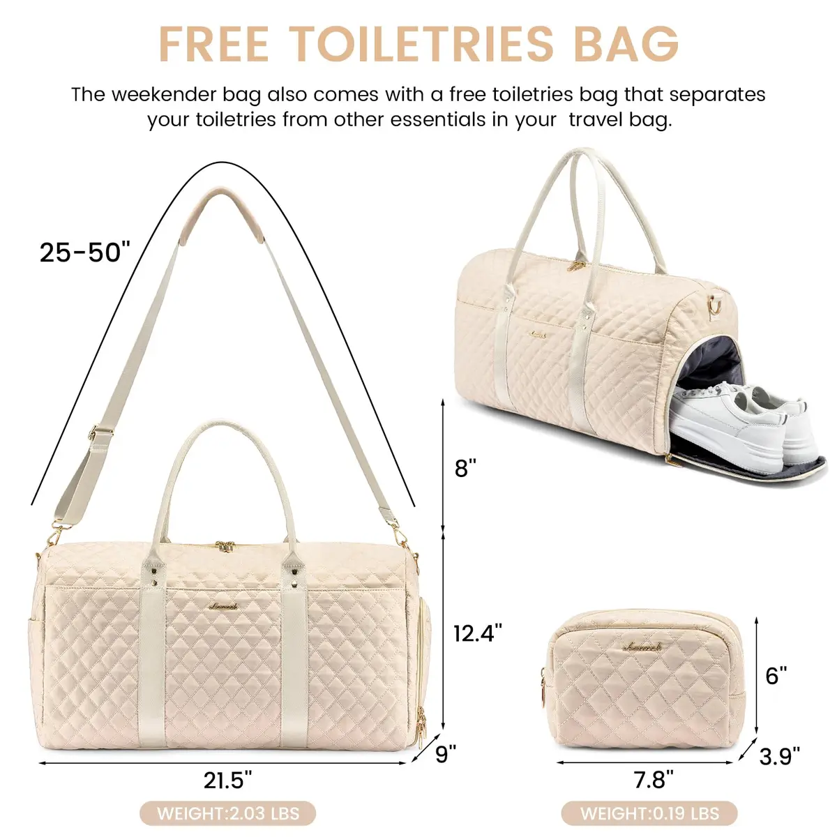 LOVEVOOK Travel Duffle Bag Pink Beige | Carry-On Weekender with Shoe Compartment & Toiletry Bag - view 3