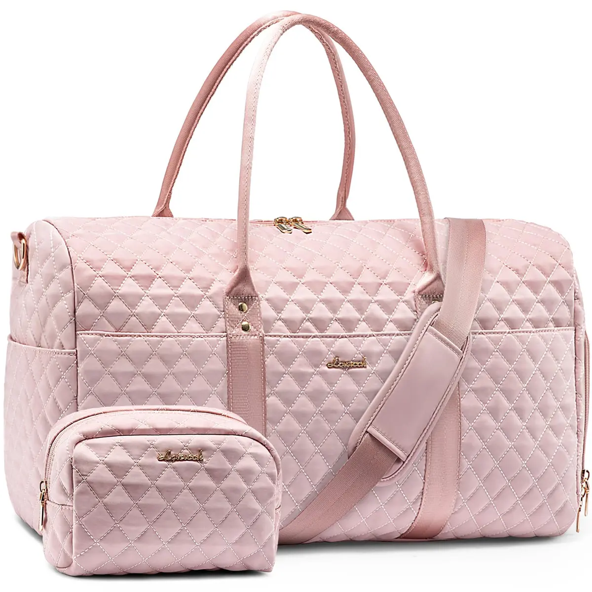 LOVEVOOK Quilted Travel Duffle Bag with Shoe Compartment & Toiletry Bag | Pink Nylon Weekender for Women, 54cm (21.5") - main product image