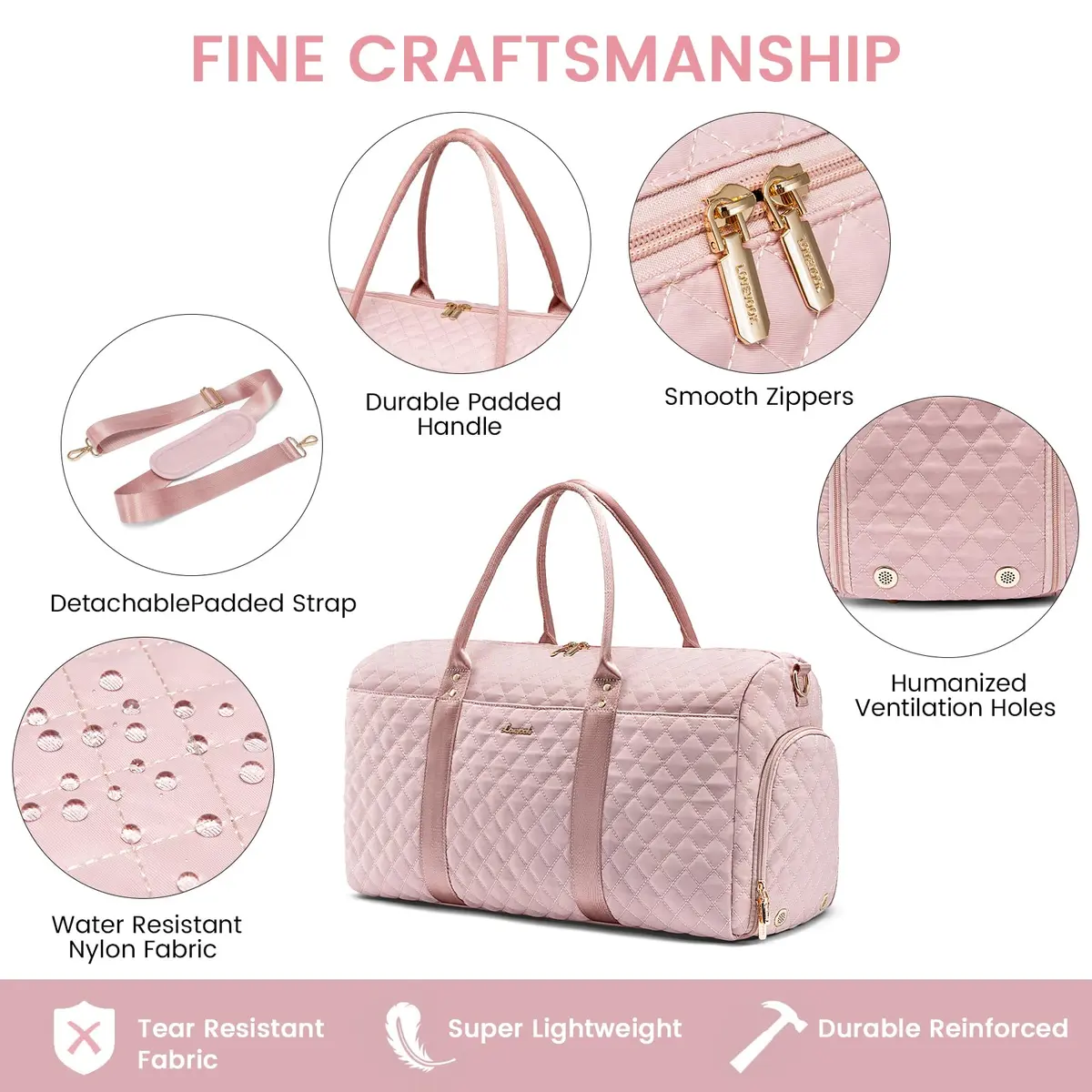 LOVEVOOK Quilted Travel Duffle Bag with Shoe Compartment & Toiletry Bag | Pink Nylon Weekender for Women, 54cm (21.5") - view 5