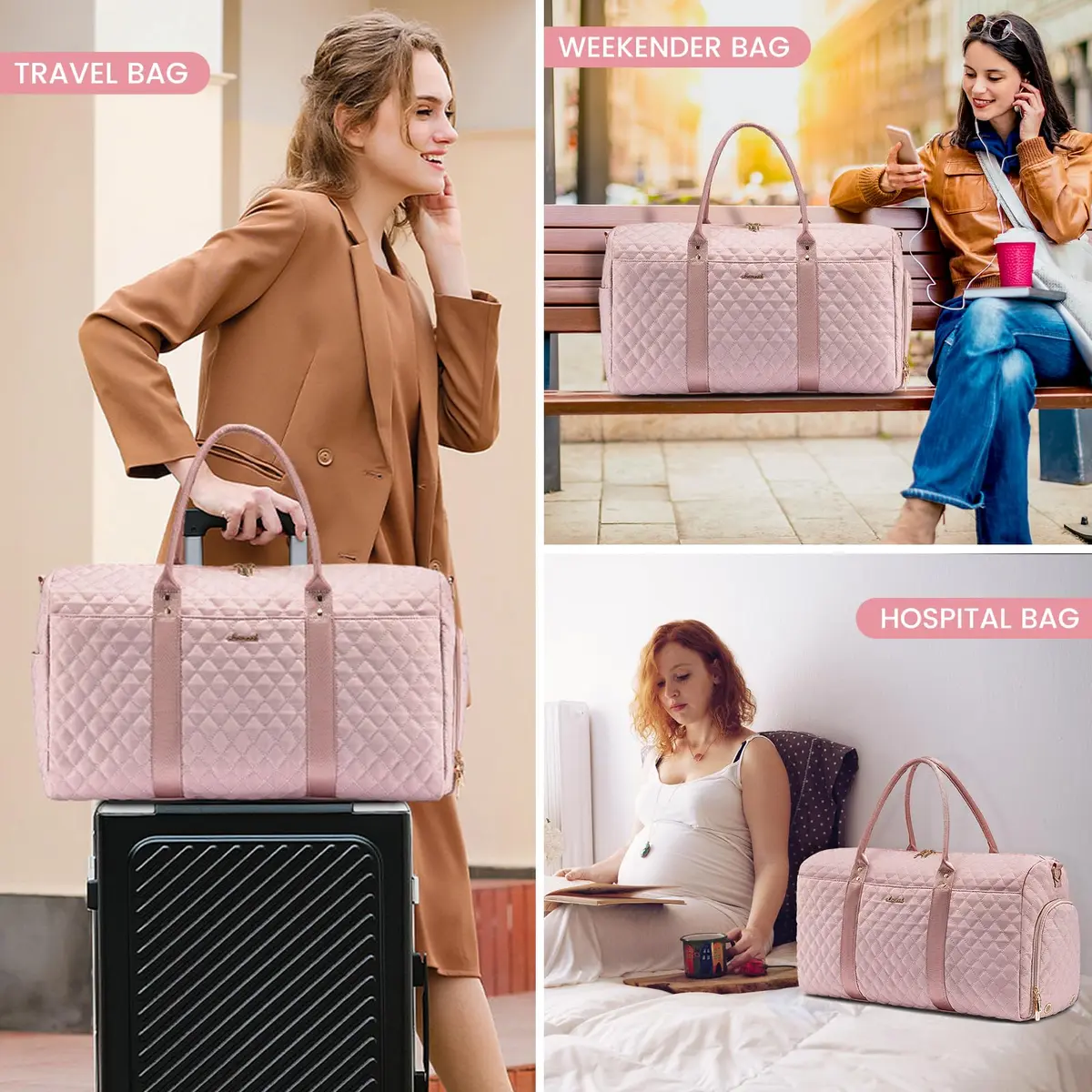 LOVEVOOK Quilted Travel Duffle Bag with Shoe Compartment & Toiletry Bag | Pink Nylon Weekender for Women, 54cm (21.5") - view 6