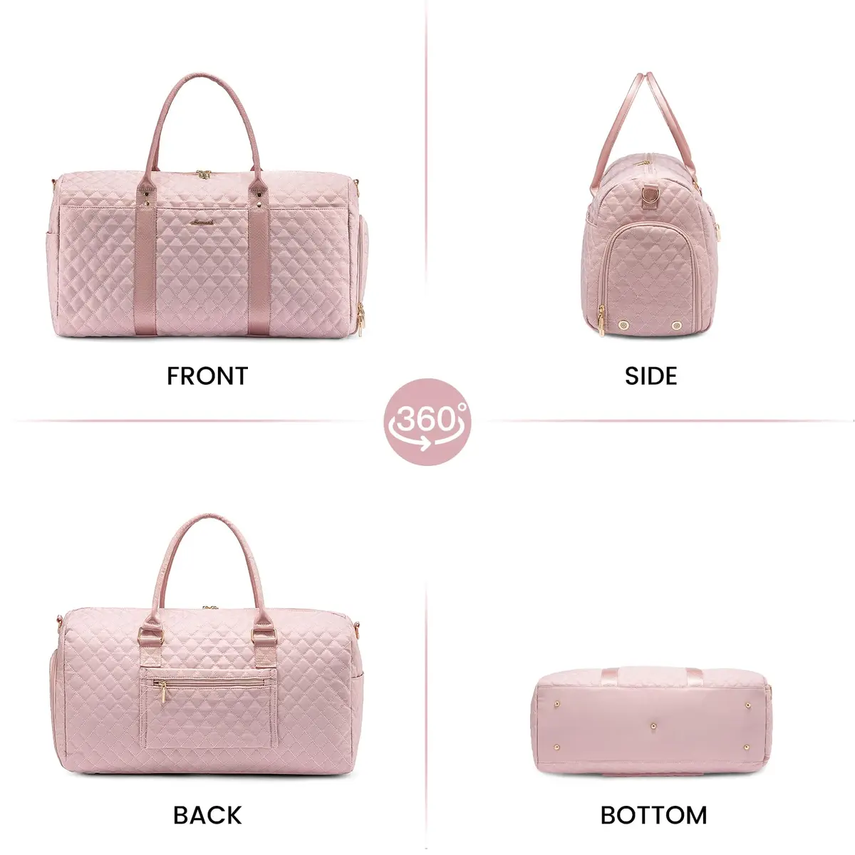 LOVEVOOK Quilted Travel Duffle Bag with Shoe Compartment & Toiletry Bag | Pink Nylon Weekender for Women, 54cm (21.5") - view 7