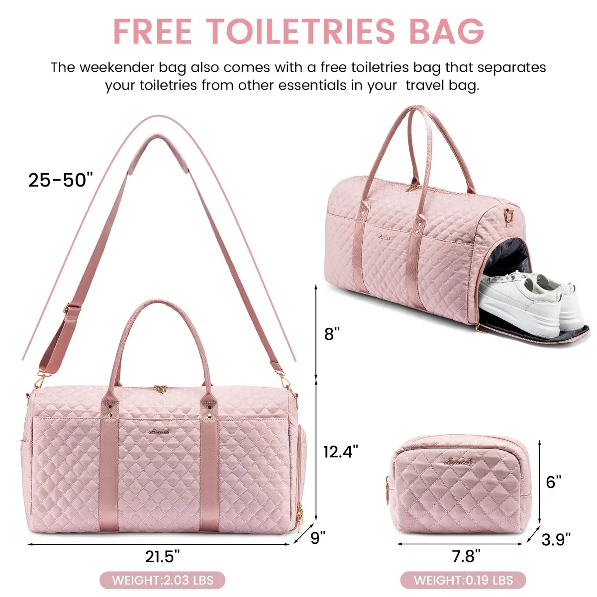 LOVEVOOK Quilted Travel Duffle Bag with Shoe Compartment & Toiletry Bag | Pink Nylon Weekender for Women, 54cm (21.5") - view 2