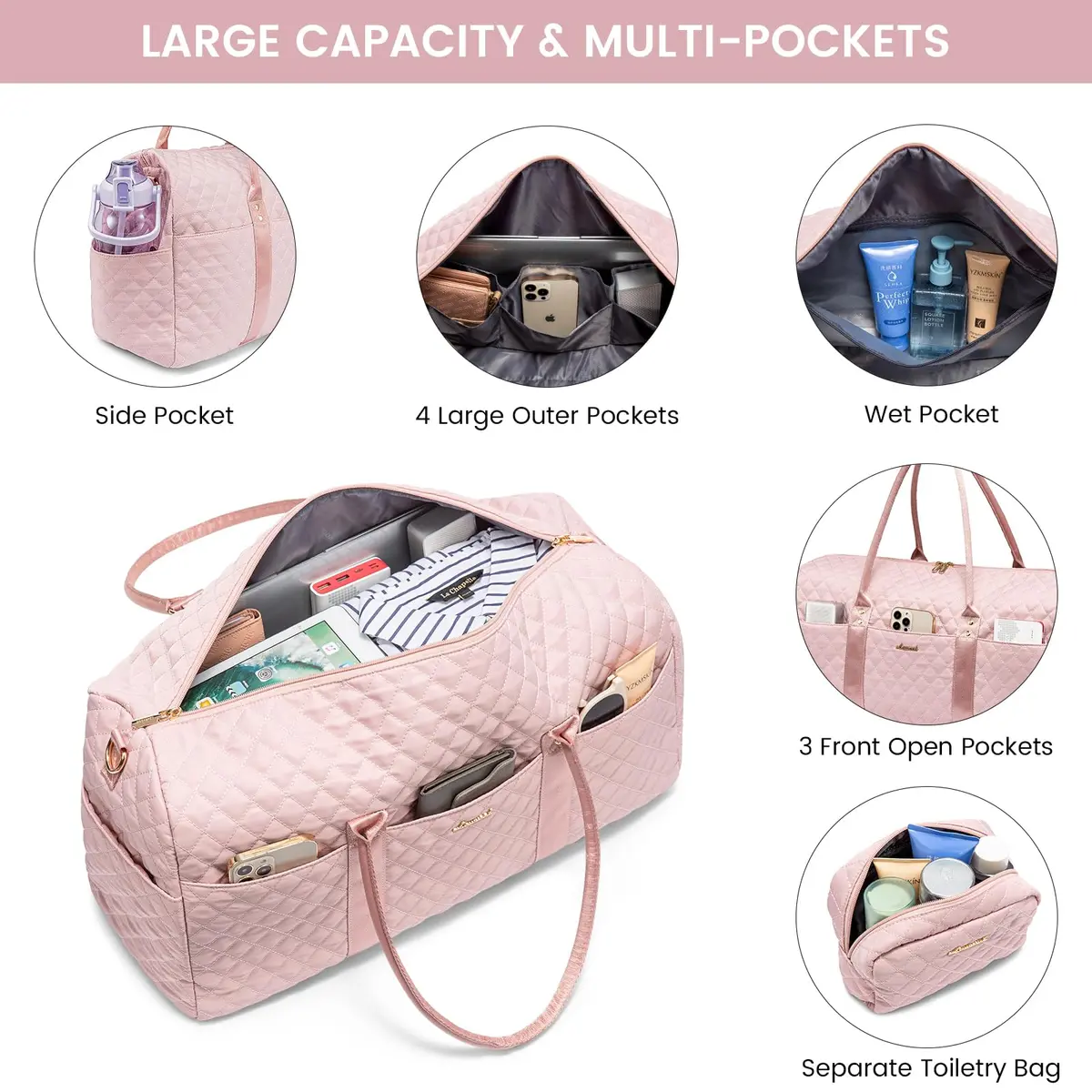 LOVEVOOK Quilted Travel Duffle Bag with Shoe Compartment & Toiletry Bag | Pink Nylon Weekender for Women, 54cm (21.5") - view 3