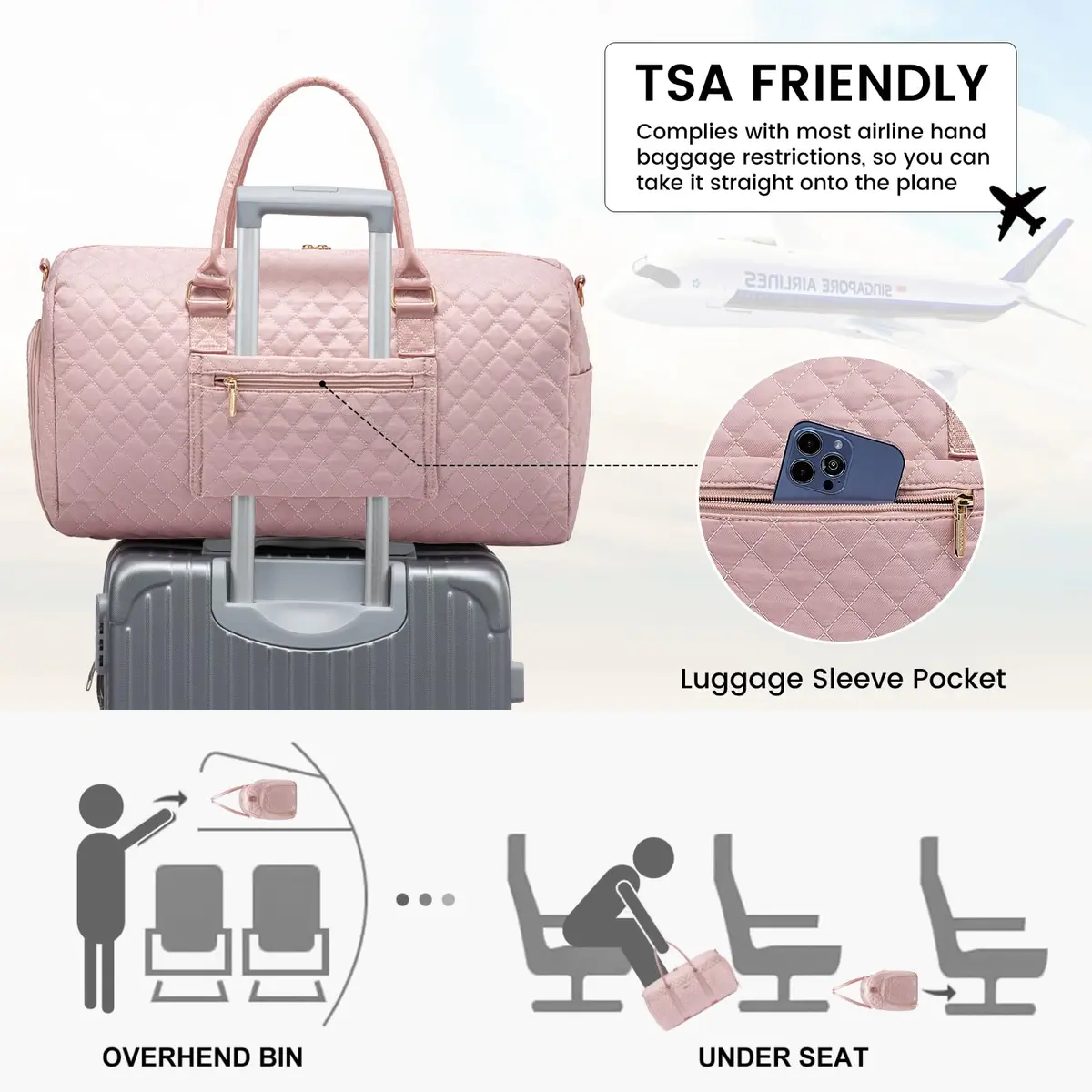 LOVEVOOK Quilted Travel Duffle Bag with Shoe Compartment & Toiletry Bag | Pink Nylon Weekender for Women, 54cm (21.5") - view 4