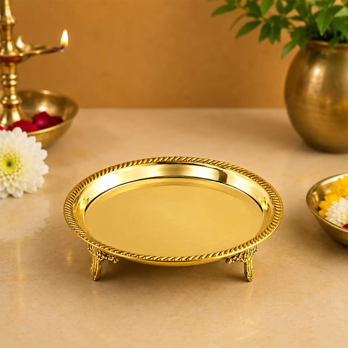 Putrika Traditional Brass Mukali Stool | Handmade Indian Pooja Stand (12.5cm x 3cm) | Heritage Brass Decor - main product image