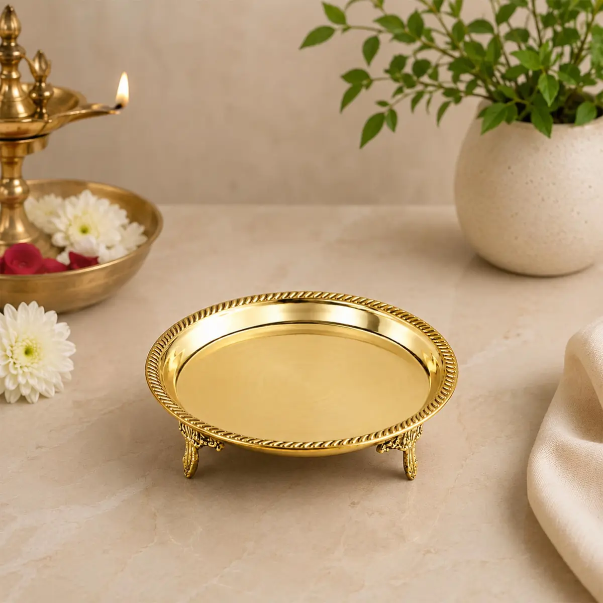Putrika Traditional Brass Mukali Stool | Handmade Indian Pooja Stand (12.5cm x 3cm) | Heritage Brass Decor - view 2