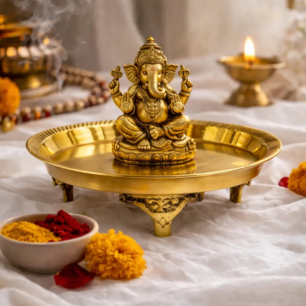 Putrika Traditional Brass Mukali Stool | Handmade Indian Pooja Stand (12.5cm x 3cm) | Heritage Brass Decor - view 4