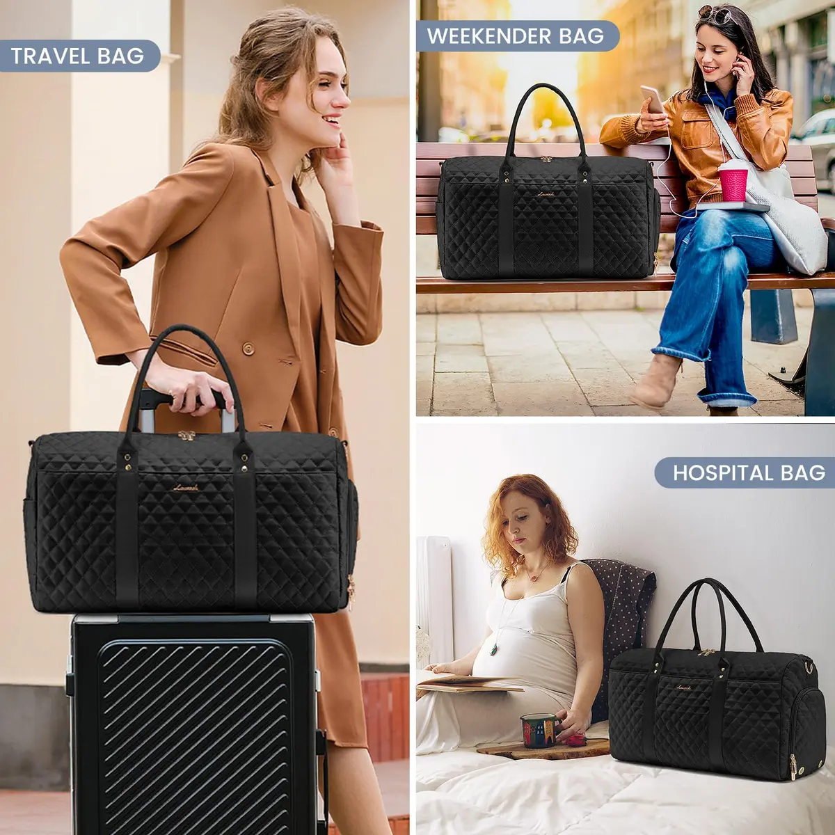LOVEVOOK Quilted Travel Duffle Bag with Shoe Compartment & Toiletry Bag | Carry-On Weekender for Women - view 6