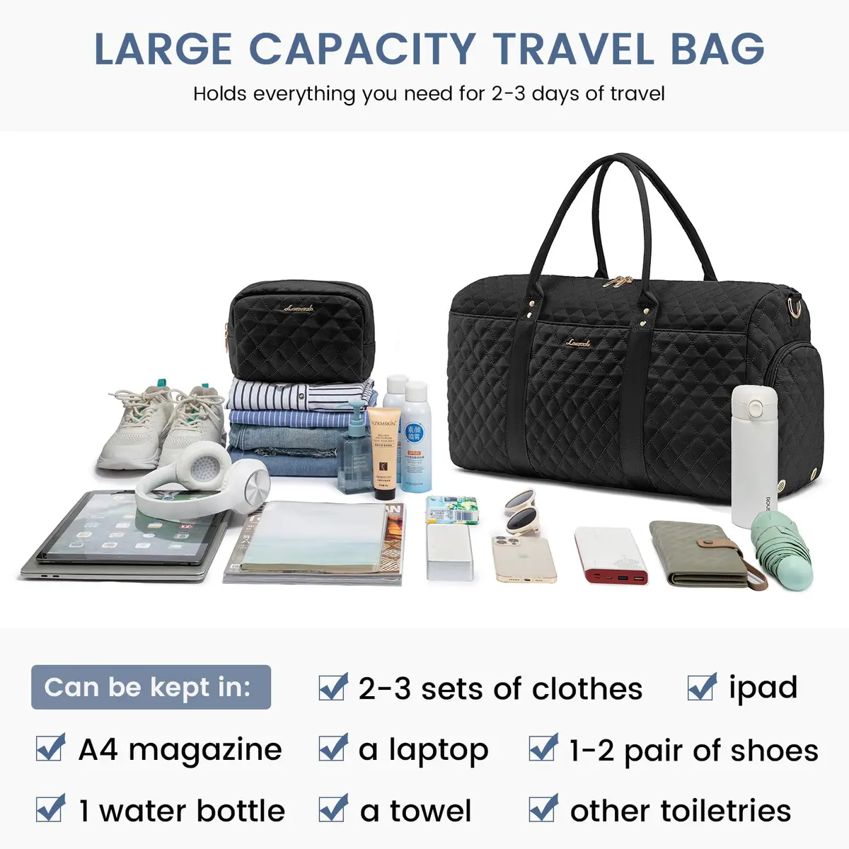 LOVEVOOK Quilted Travel Duffle Bag with Shoe Compartment & Toiletry Bag | Carry-On Weekender for Women - view 7