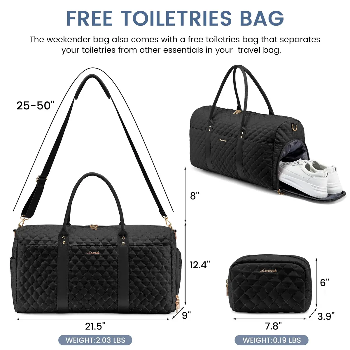LOVEVOOK Quilted Travel Duffle Bag with Shoe Compartment & Toiletry Bag | Carry-On Weekender for Women - view 2