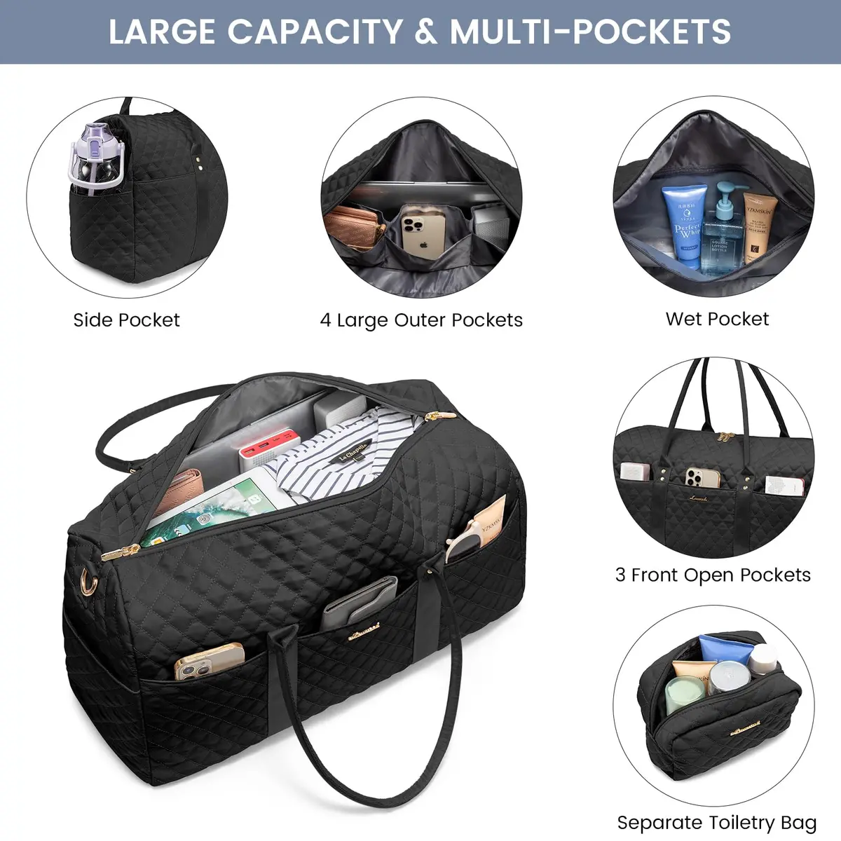 LOVEVOOK Quilted Travel Duffle Bag with Shoe Compartment & Toiletry Bag | Carry-On Weekender for Women - view 3