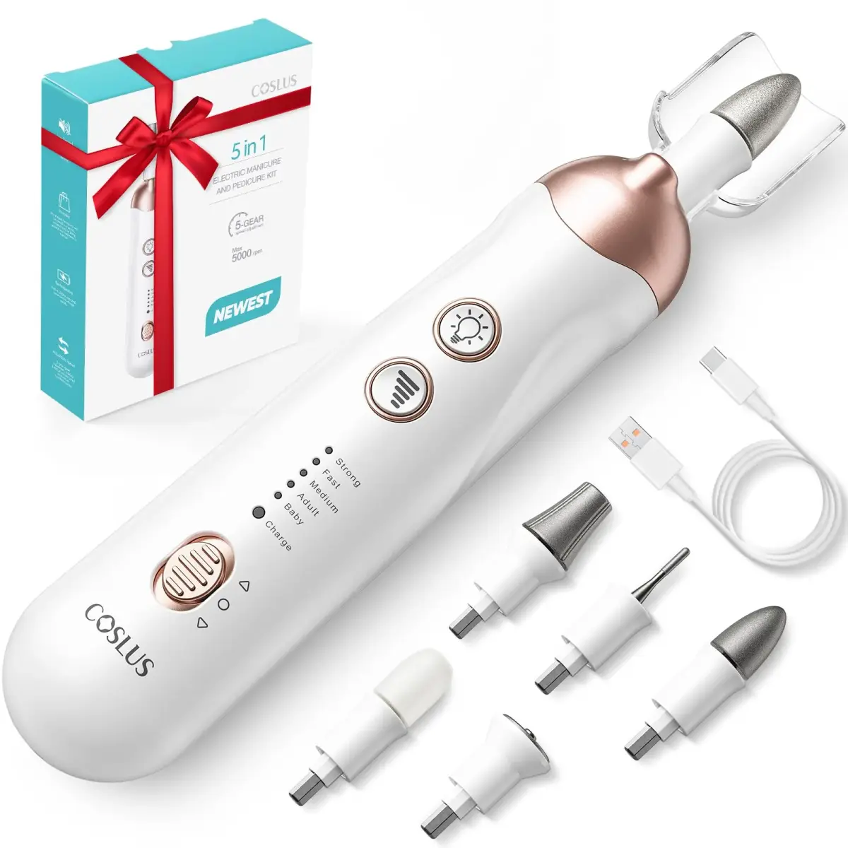 COSLUS C43 Professional Manicure Pedicure Kit with Upgrade Standard Grinder | 5 Speeds, 5000 RPM, Cordless - main product image