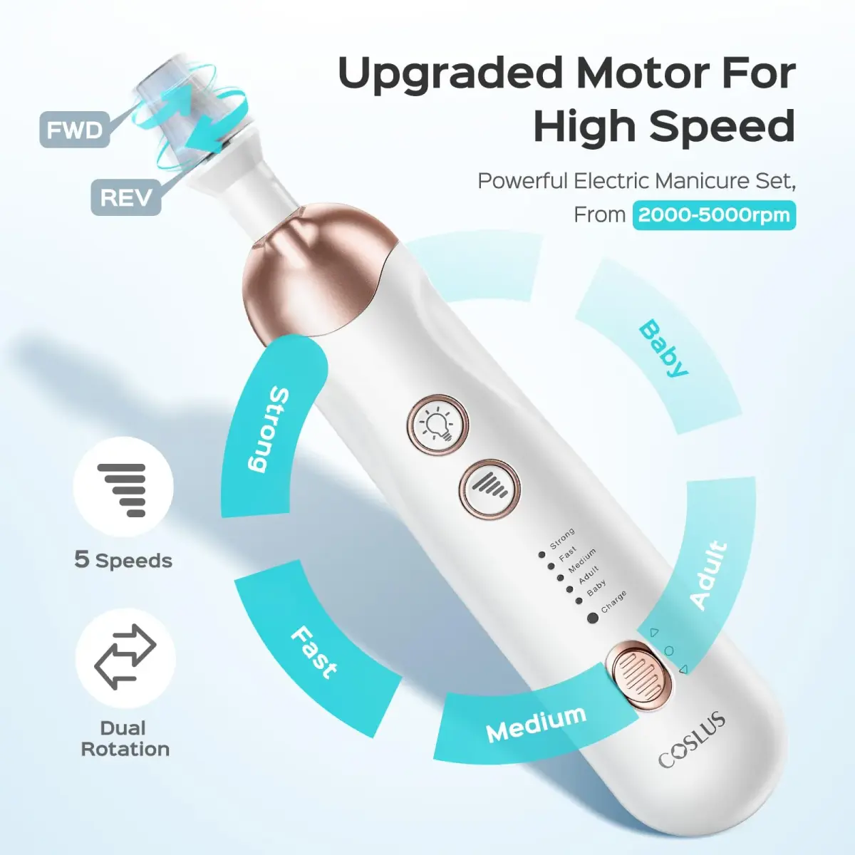 COSLUS C43 Professional Manicure Pedicure Kit with Upgrade Standard Grinder | 5 Speeds, 5000 RPM, Cordless - view 3