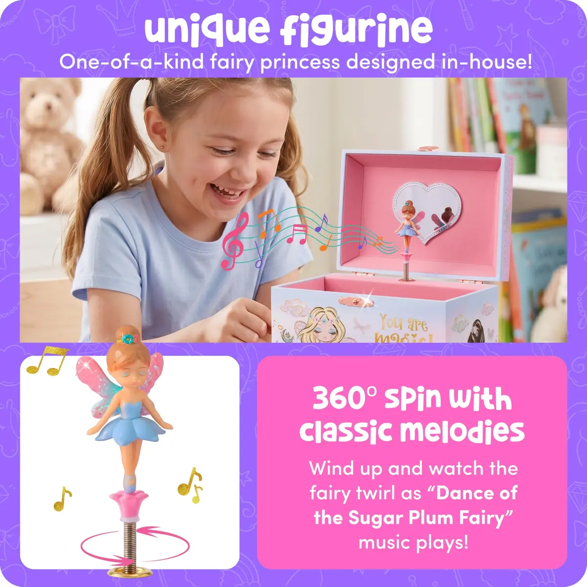 Giggle & Honey Musical Fairy Jewelry Box for Girls 17cm (6.75 in) | Plays 'Dance of the Sugar Plum Fairy' - view 4
