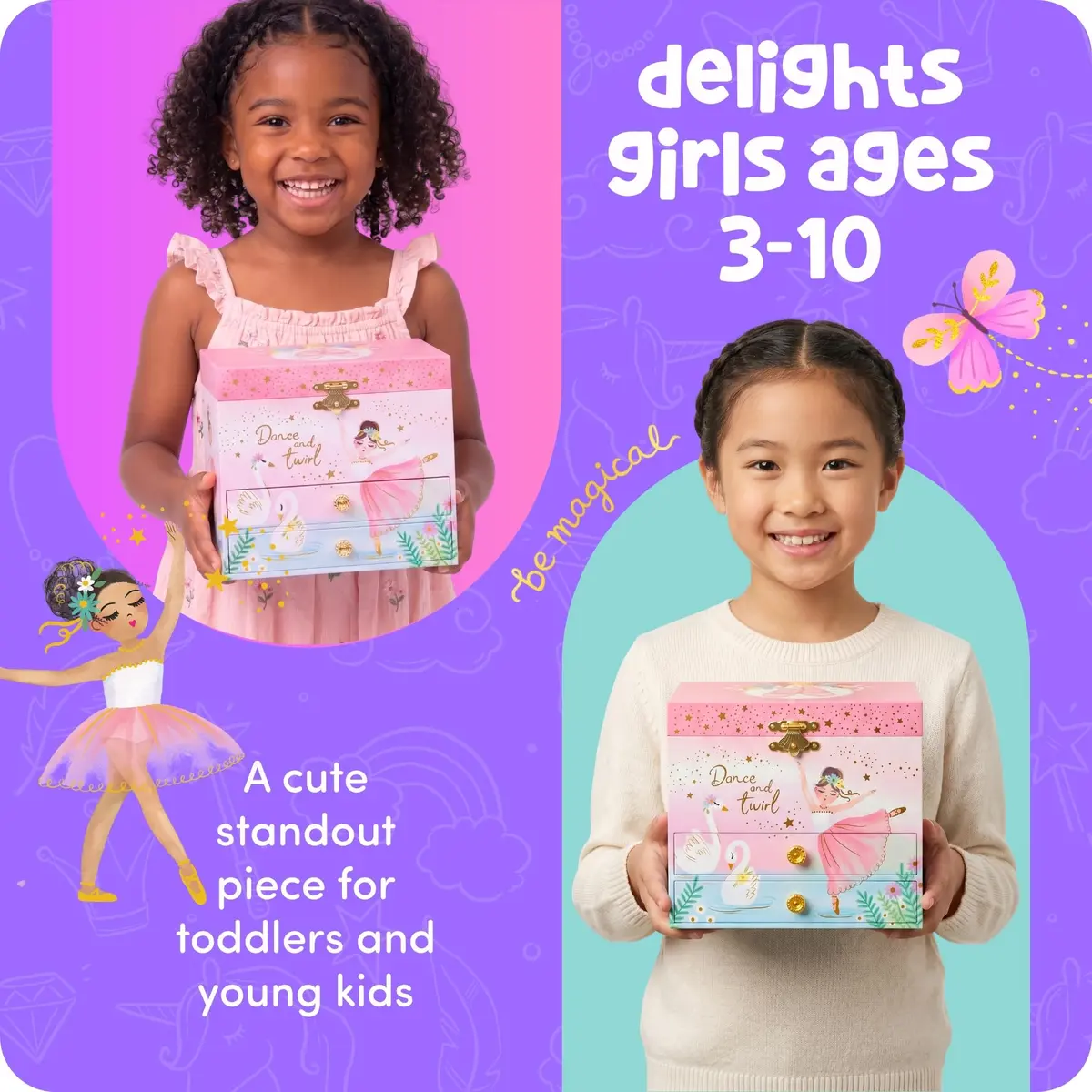 Giggle & Honey Musical Ballerina Jewelry Box for Girls, 16.9cm x 13.5cm x 15.2cm (6.75 x 5.25 x 6 in) | Twirling Ballerina Music Box for Kids Ages 3-10 - view 6