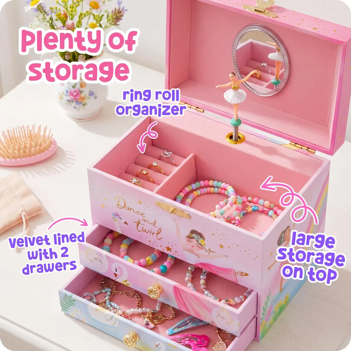Giggle & Honey Musical Ballerina Jewelry Box for Girls, 16.9cm x 13.5cm x 15.2cm (6.75 x 5.25 x 6 in) | Twirling Ballerina Music Box for Kids Ages 3-10 - view 7