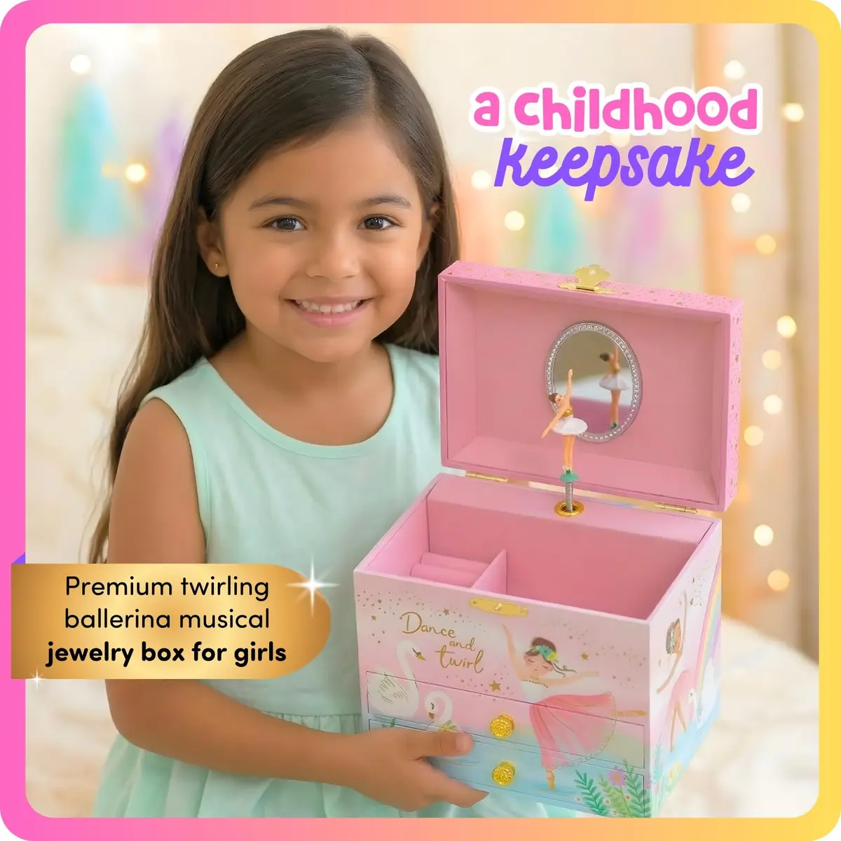 Giggle & Honey Musical Ballerina Jewelry Box for Girls, 16.9cm x 13.5cm x 15.2cm (6.75 x 5.25 x 6 in) | Twirling Ballerina Music Box for Kids Ages 3-10 - view 2