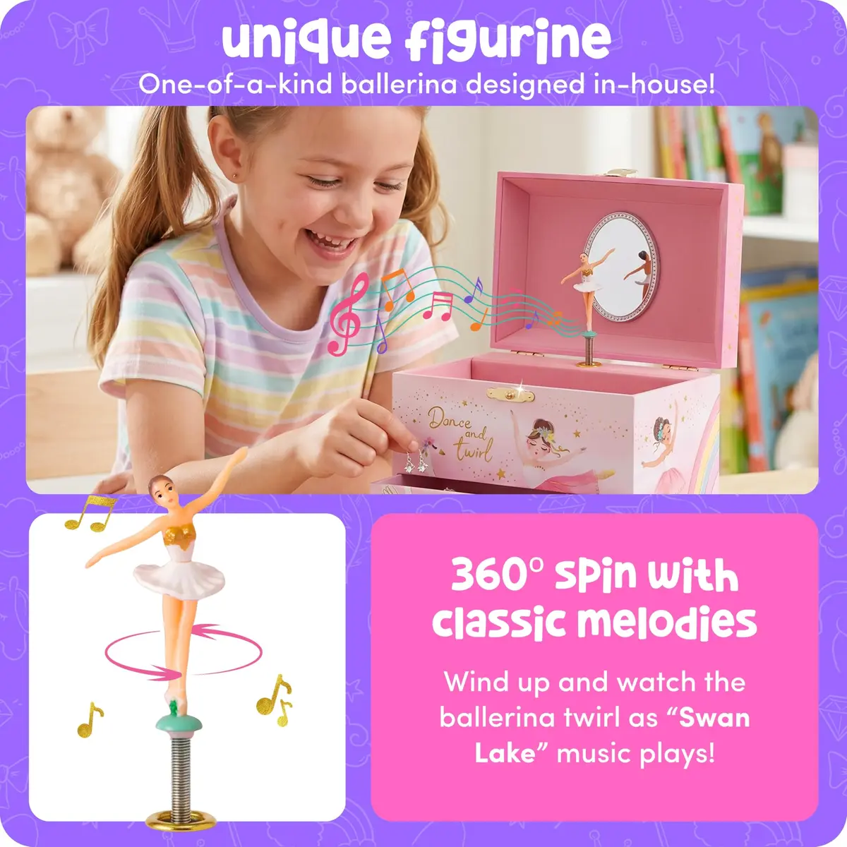 Giggle & Honey Musical Ballerina Jewelry Box for Girls, 16.9cm x 13.5cm x 15.2cm (6.75 x 5.25 x 6 in) | Twirling Ballerina Music Box for Kids Ages 3-10 - view 4