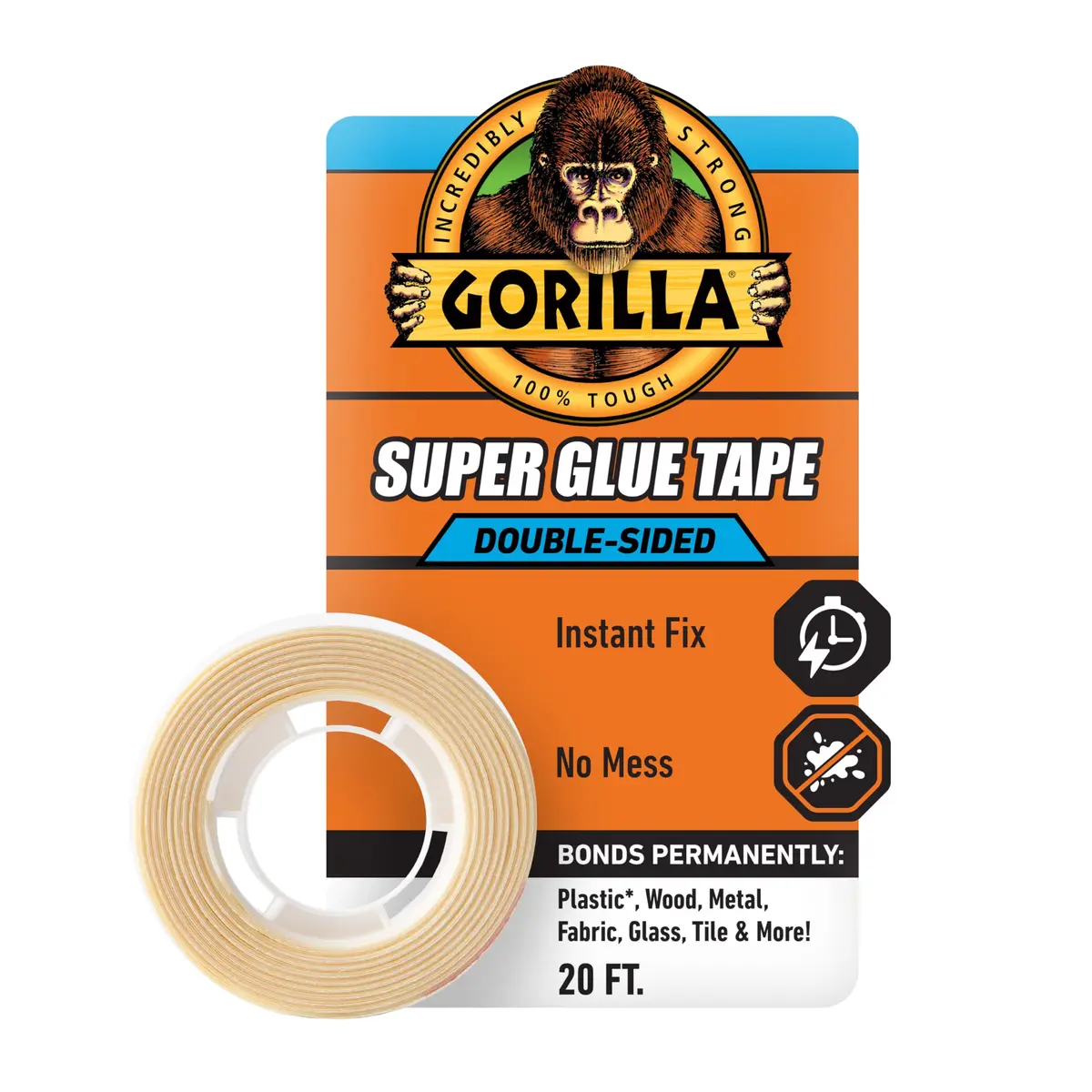 GORILLA Super Glue Tape High Tack Double Sided Clear 5/8in x 20ft | Permanent Adhesive for Wood, Metal, Fabric, Glass, Tile, Plastic - main product image