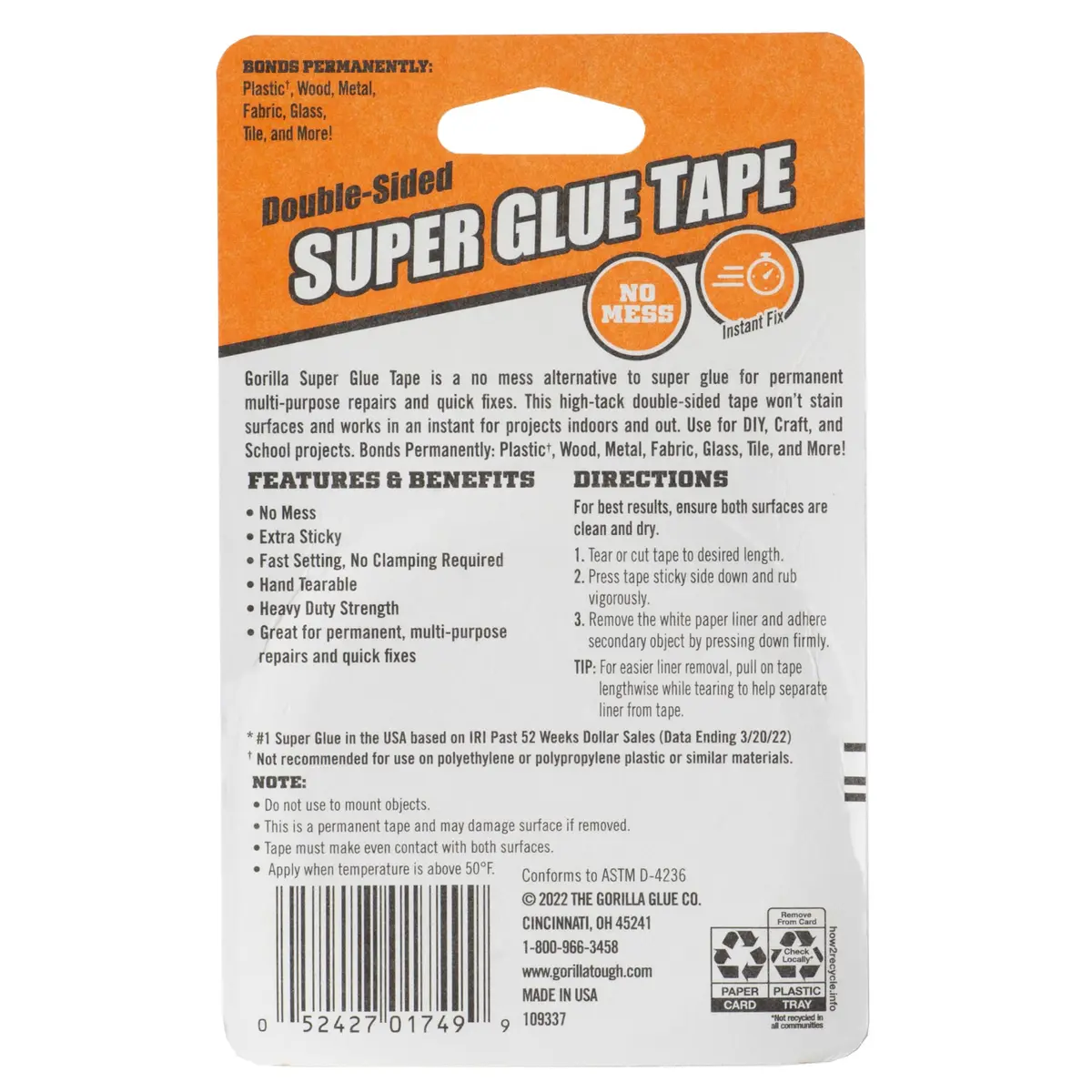 GORILLA Super Glue Tape High Tack Double Sided Clear 5/8in x 20ft | Permanent Adhesive for Wood, Metal, Fabric, Glass, Tile, Plastic - view 6