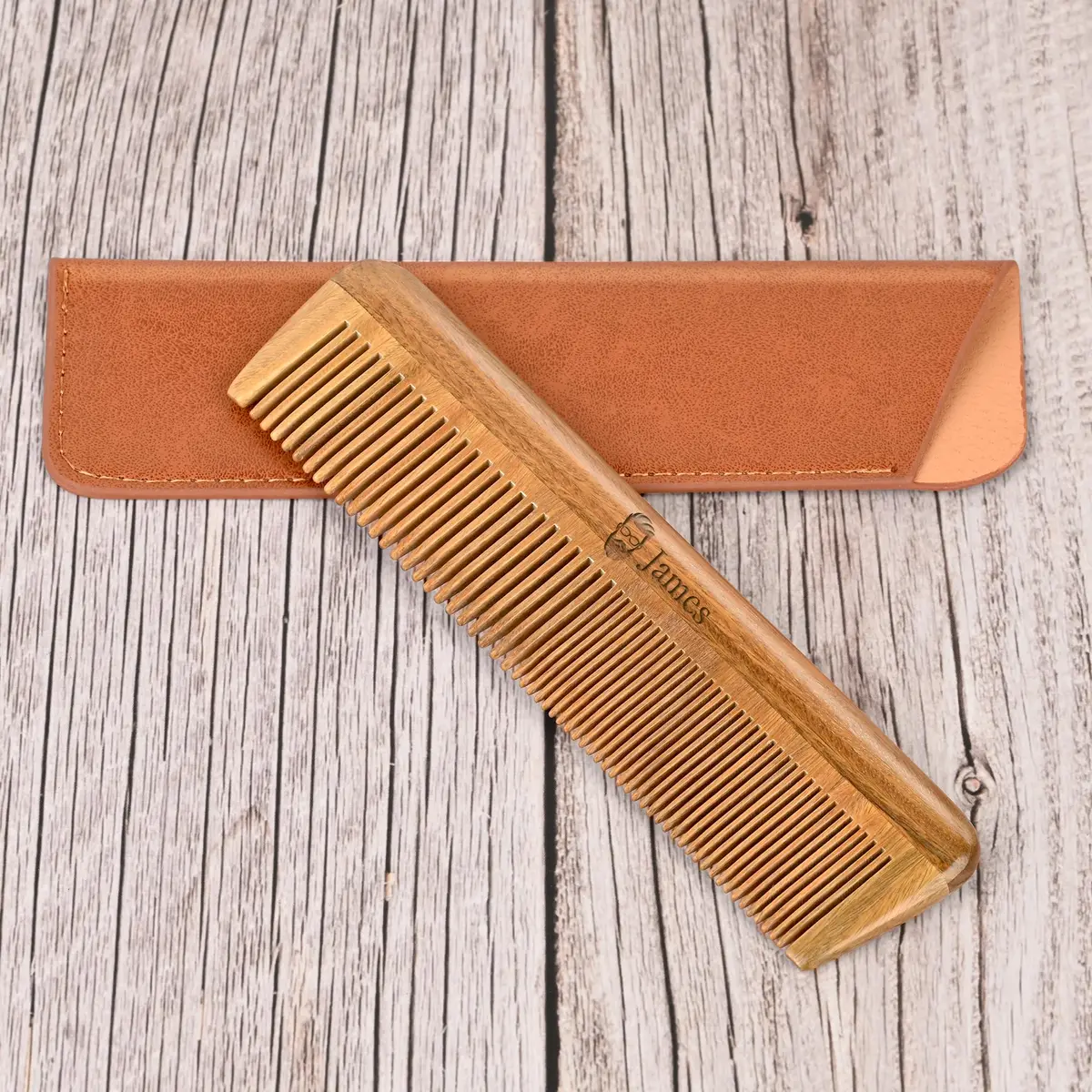 Onedor Wooden Comb Personalized Sandalwood Comb for Men | Anti-Static, Handcrafted, Compact with Leather Case - main product image