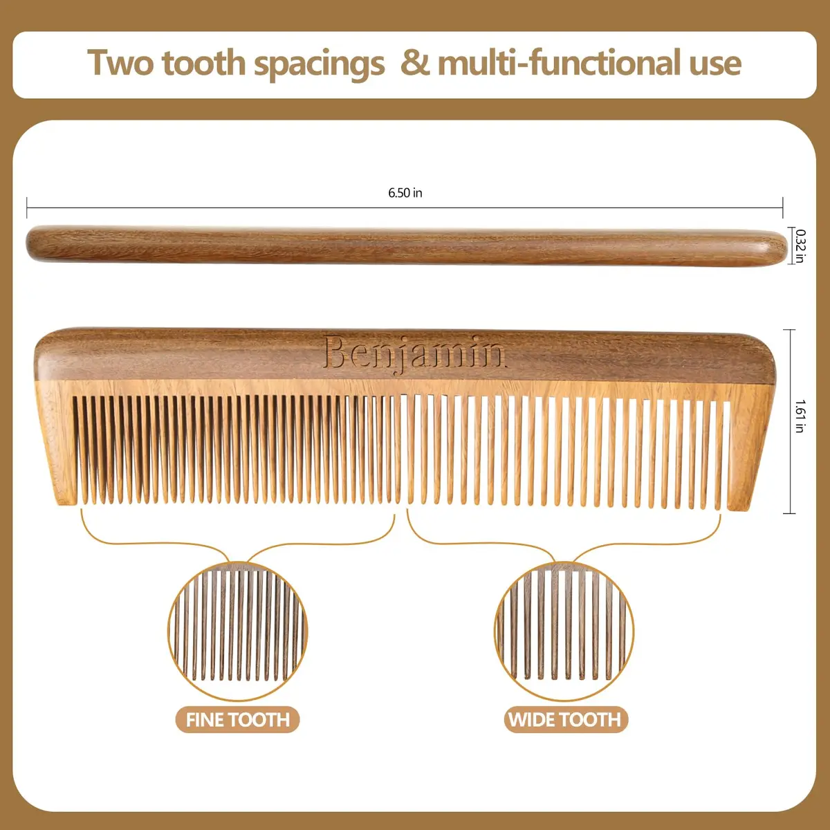 Onedor Wooden Comb Personalized Sandalwood Comb for Men | Anti-Static, Handcrafted, Compact with Leather Case - view 5