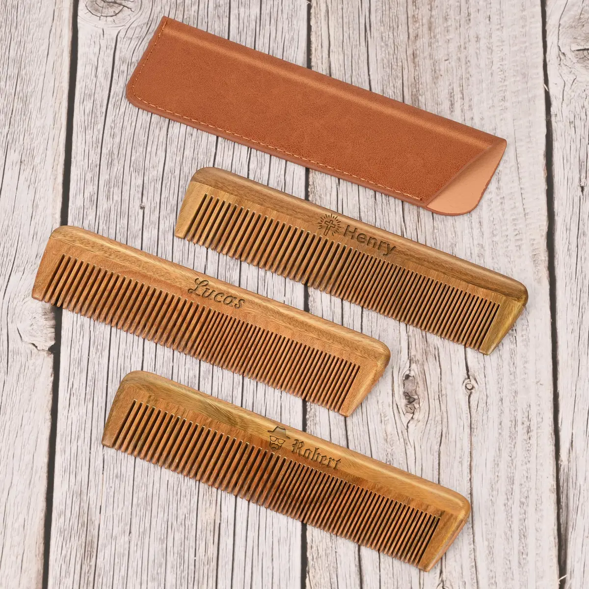 Onedor Wooden Comb Personalized Sandalwood Comb for Men | Anti-Static, Handcrafted, Compact with Leather Case - view 3