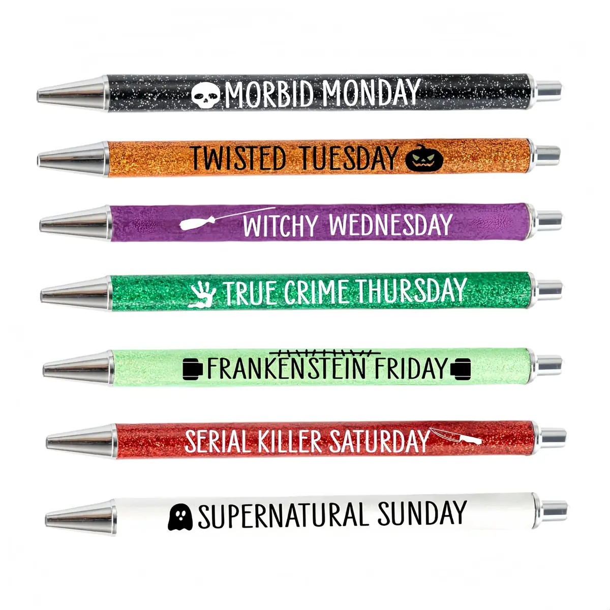 Jxueych Halloween Weekday Glitter Metal Pens 7 Pack | Gothic & True Crime Themed Writing Instruments - main product image
